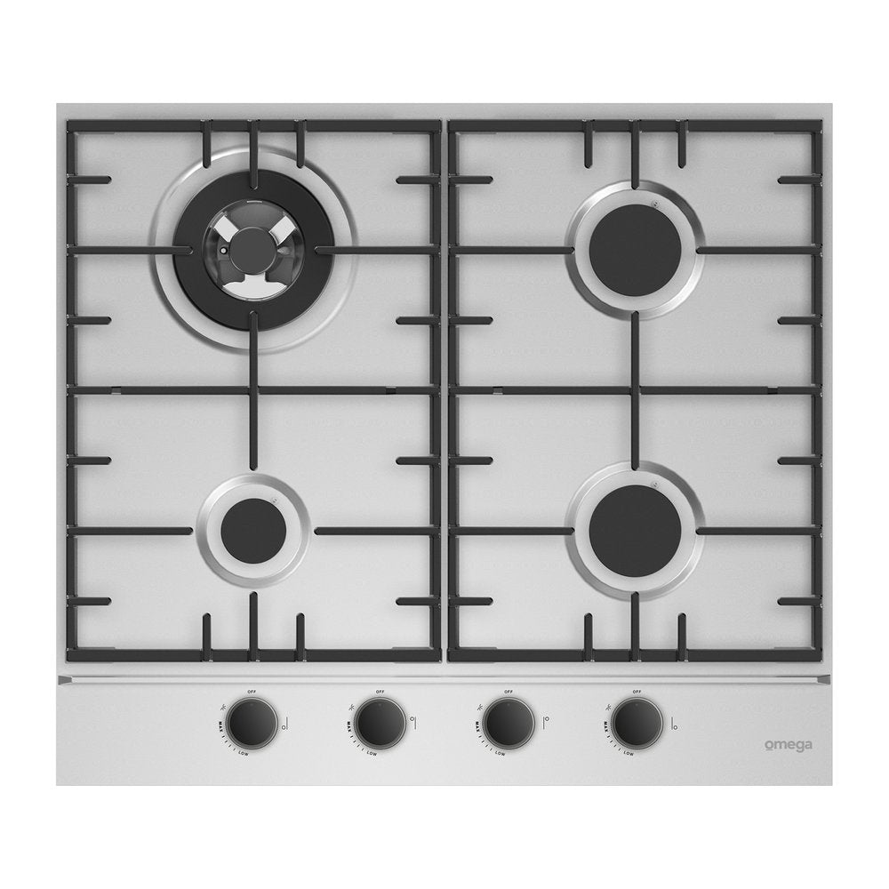Omega OCG604WX 60cm Stainless Steel Gas Cooktop - 4 Burner Professional Gas Stove for Home Kitchen, Perfect for Boiling, Frying, and Stir-Frying