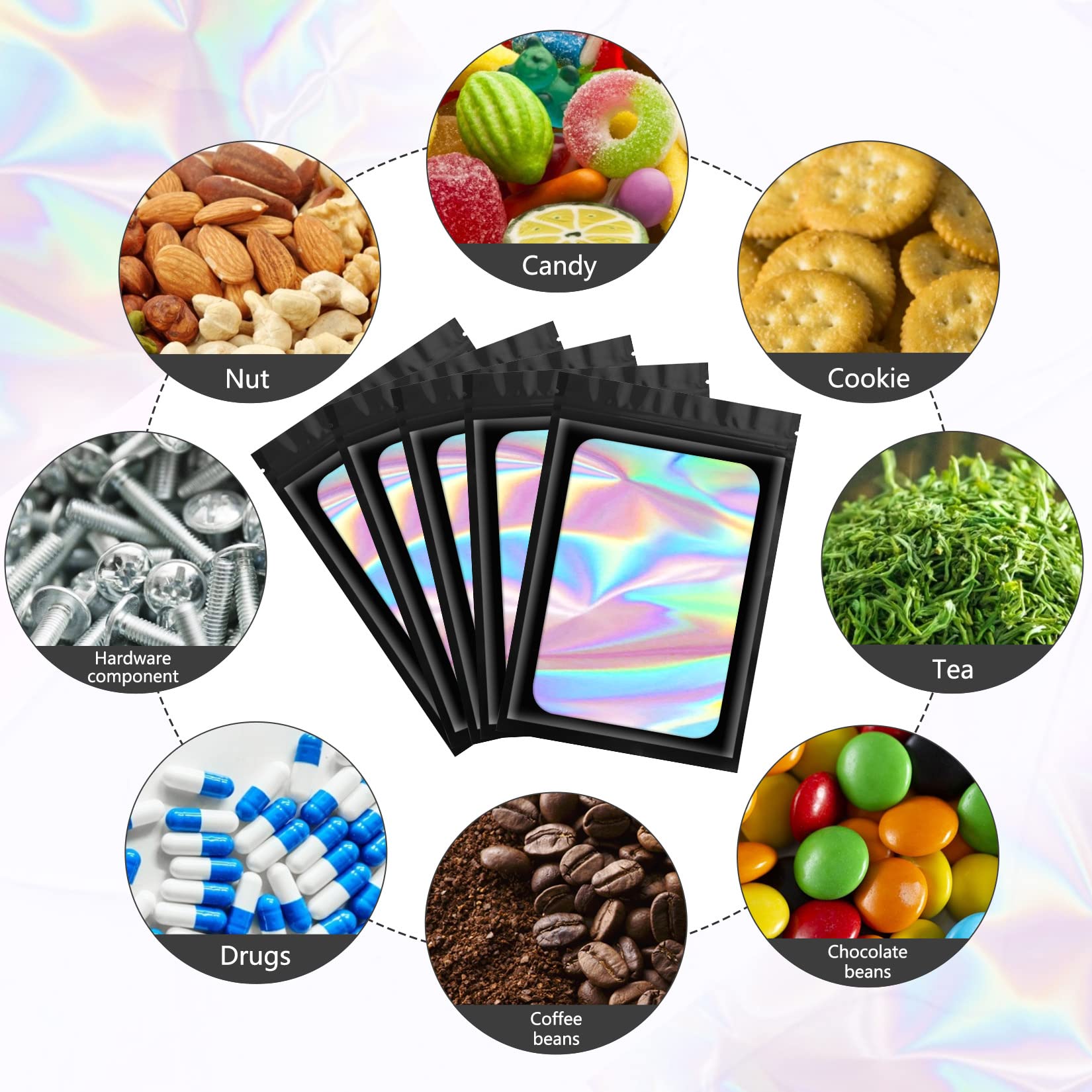 Funfery 100-Pack Black Smell Proof Mylar Holographic Bags - 4.3x7.5 Inch Resealable Odor Barrier Pouches for Food Storage, Lip Gloss, Jewelry & Eyelash Packaging | Small Business & Home Organization Solution