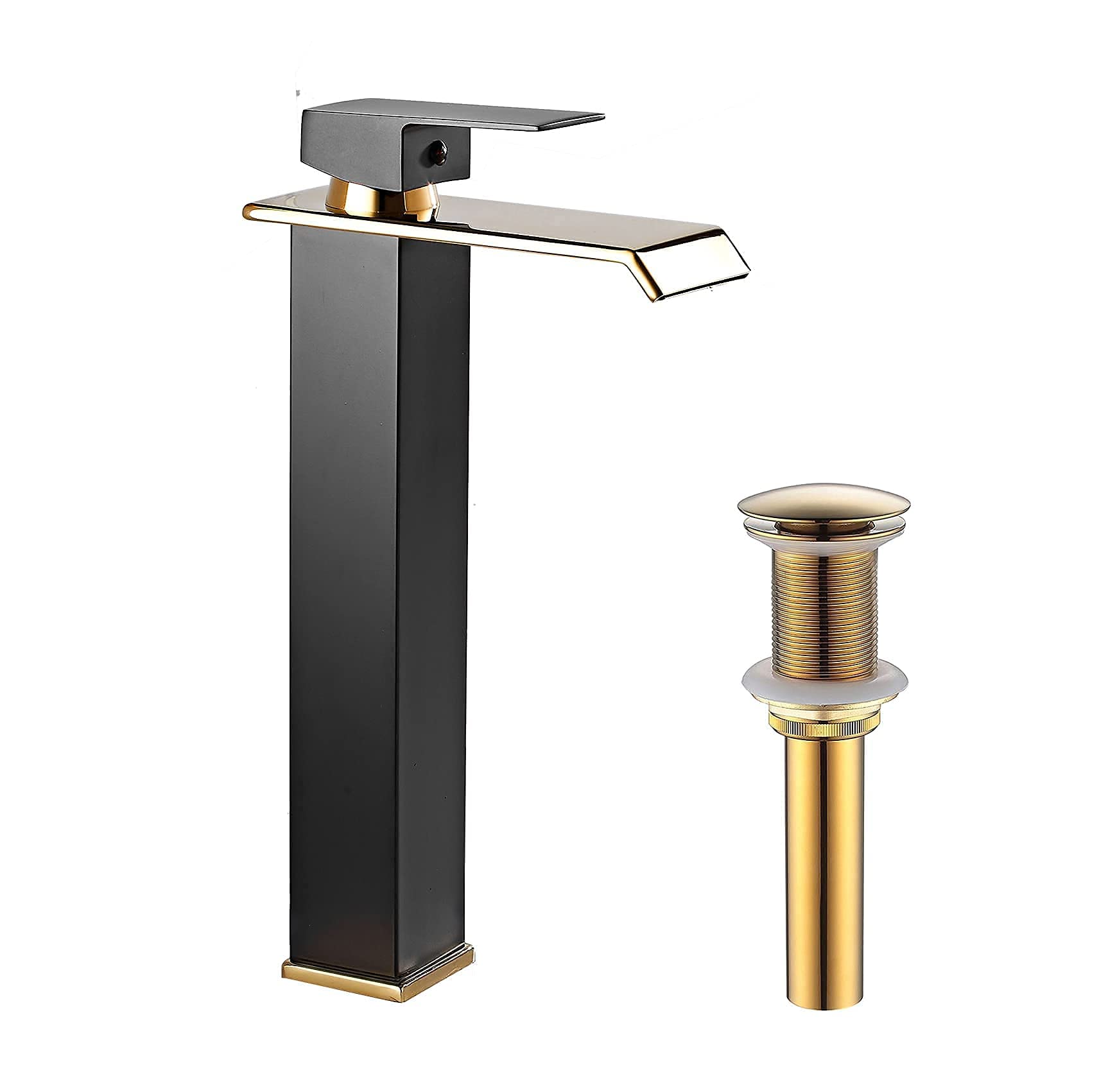 Black Gold Waterfall Single Handle One Hole Vessel Sink Faucet with Golden Drain Assembly - No Overflow - Tall Bowl Bathroom Faucet for Modern & Luxury Vanity Sinks