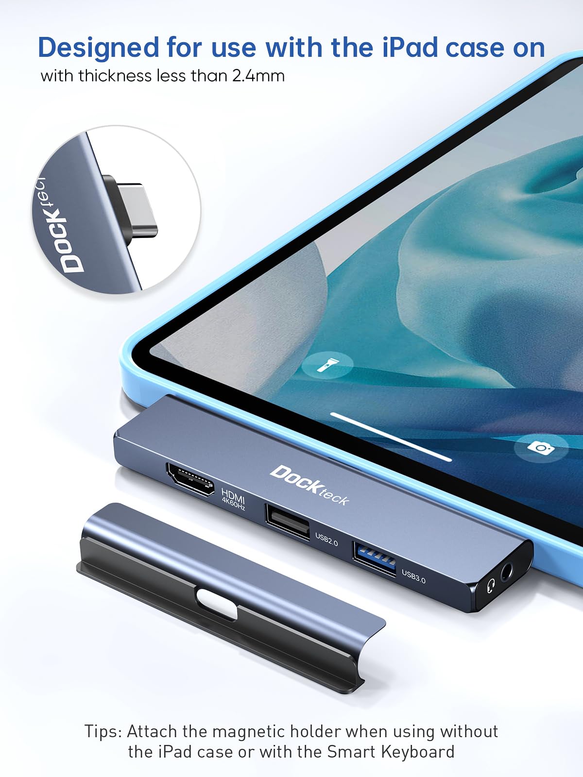 Dockteck 5-in-1 USB C Hub for iPad Pro - Magnetic Multiport Adapter with 100W PD Charging, 4K 60Hz HDMI, USB 3.0 Ports & Audio Jack | Compatible with iPad Pro 12.9 (2021/2020/2018), iPad Air & iPad Mini 6 | Perfect for Home Office, Travel & Multimedia Entertainment