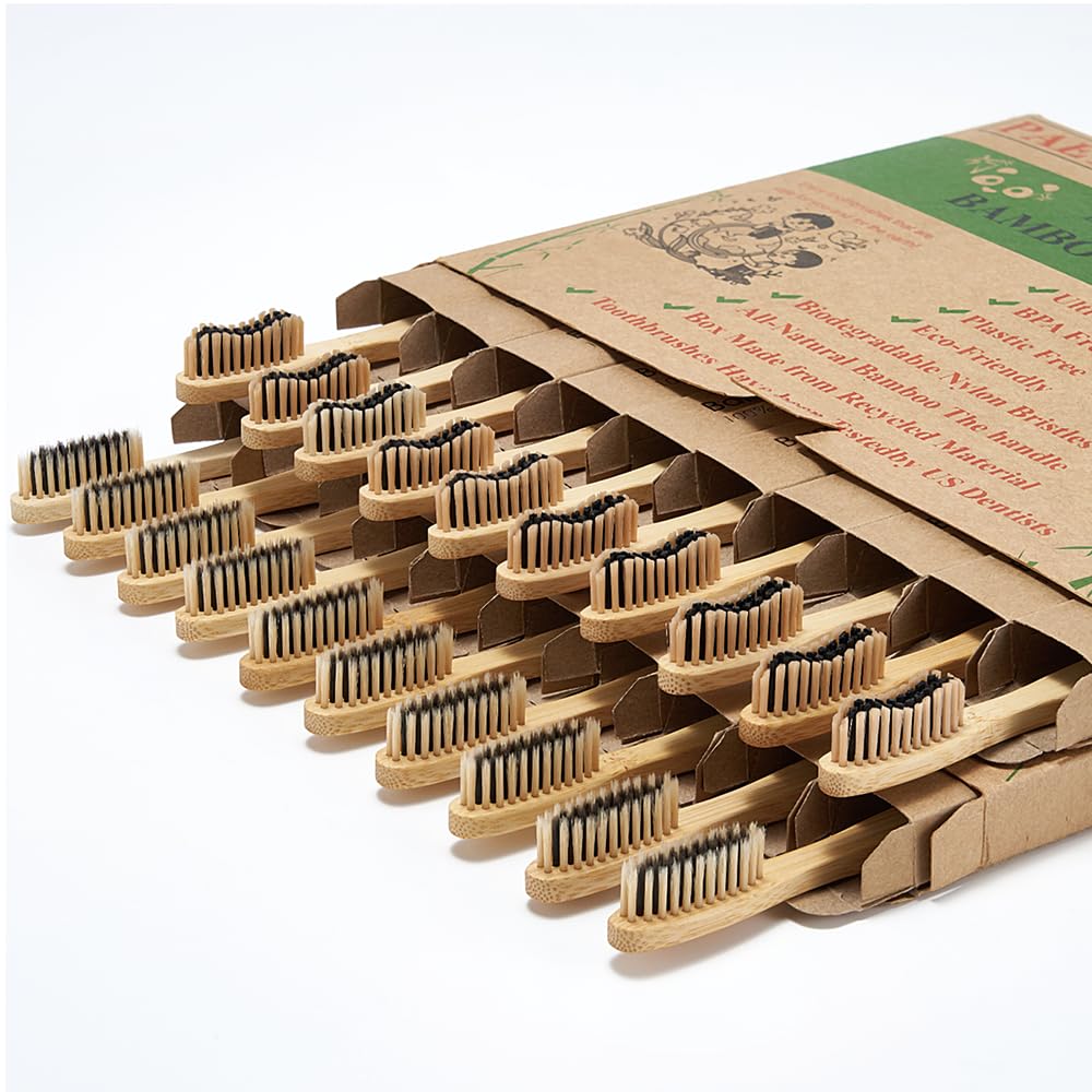 20 Count Bamboo Toothbrushes (Soft & Medium Bristles) - Natural Wooden Toothbrushes Bulk, Eco-Friendly BPA-Free, Biodegradable & Compostable with Charcoal - Perfect for Travel, Home & Zero-Waste Lifestyle