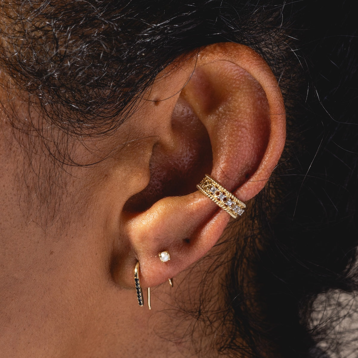 Solid Gold Black Diamond Open Ear Huggers - Elegant & Hypoallergenic Earrings for Women | Perfect for Parties, Weddings & Everyday Wear
