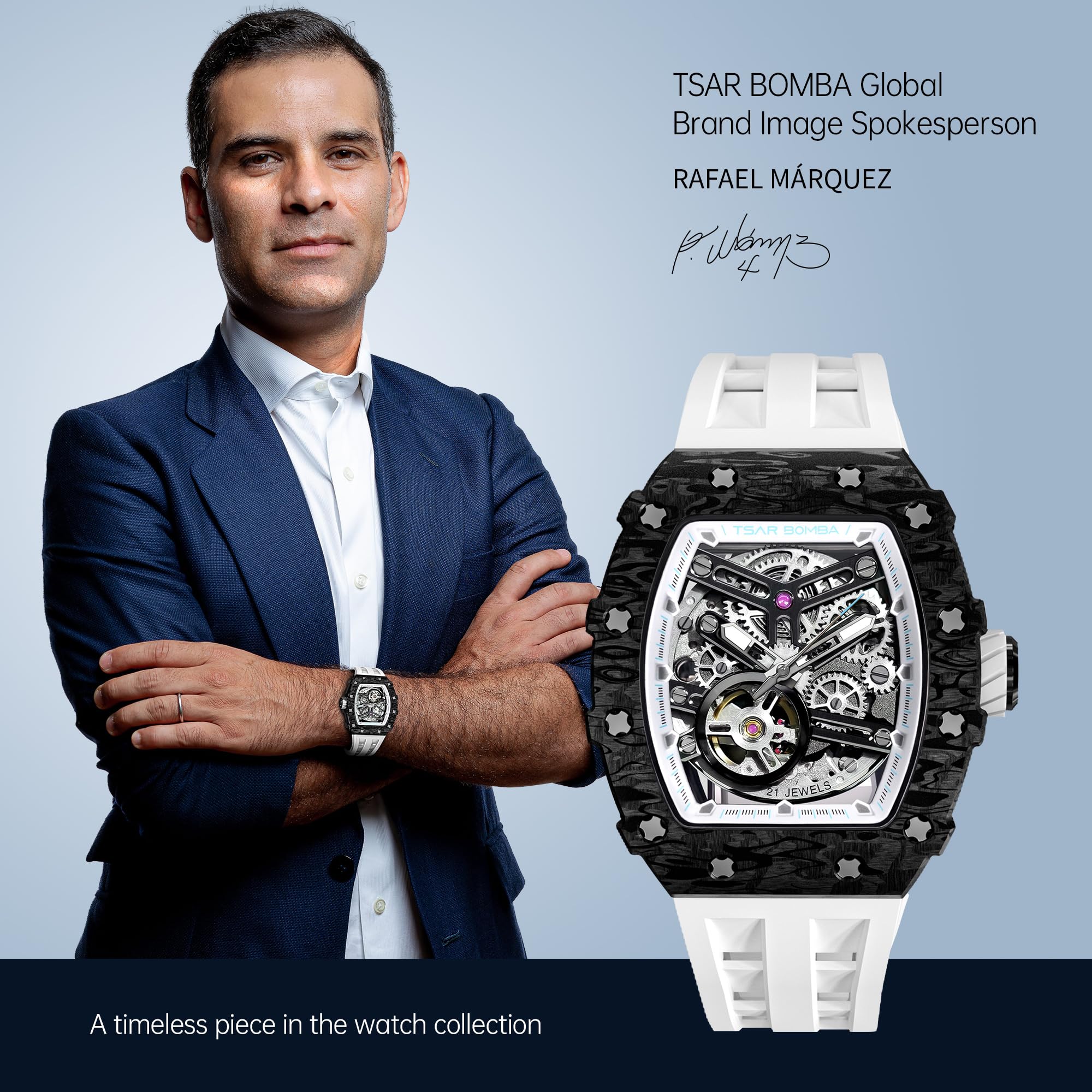 TSAR BOMBA Men's Luxury Automatic Skeleton Watch - Mechanical Tonneau Square Big Face Dial with Silicone Strap - 50M Waterproof Analog Wristwatch for Business, Casual & Formal Occasions