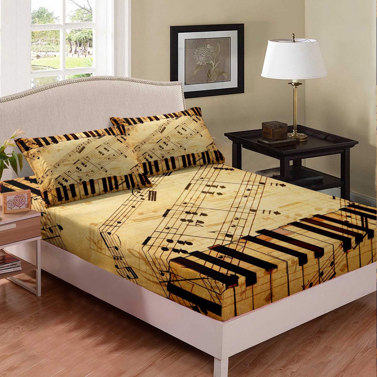 Erosebridal Queen Size Music Notes Fitted Sheet - Classical Piano Keyboard Melody Bedding Set for Kids & Boys (Brown) | Bedroom Decor, Living Room Accessories, Gift for Music Lovers