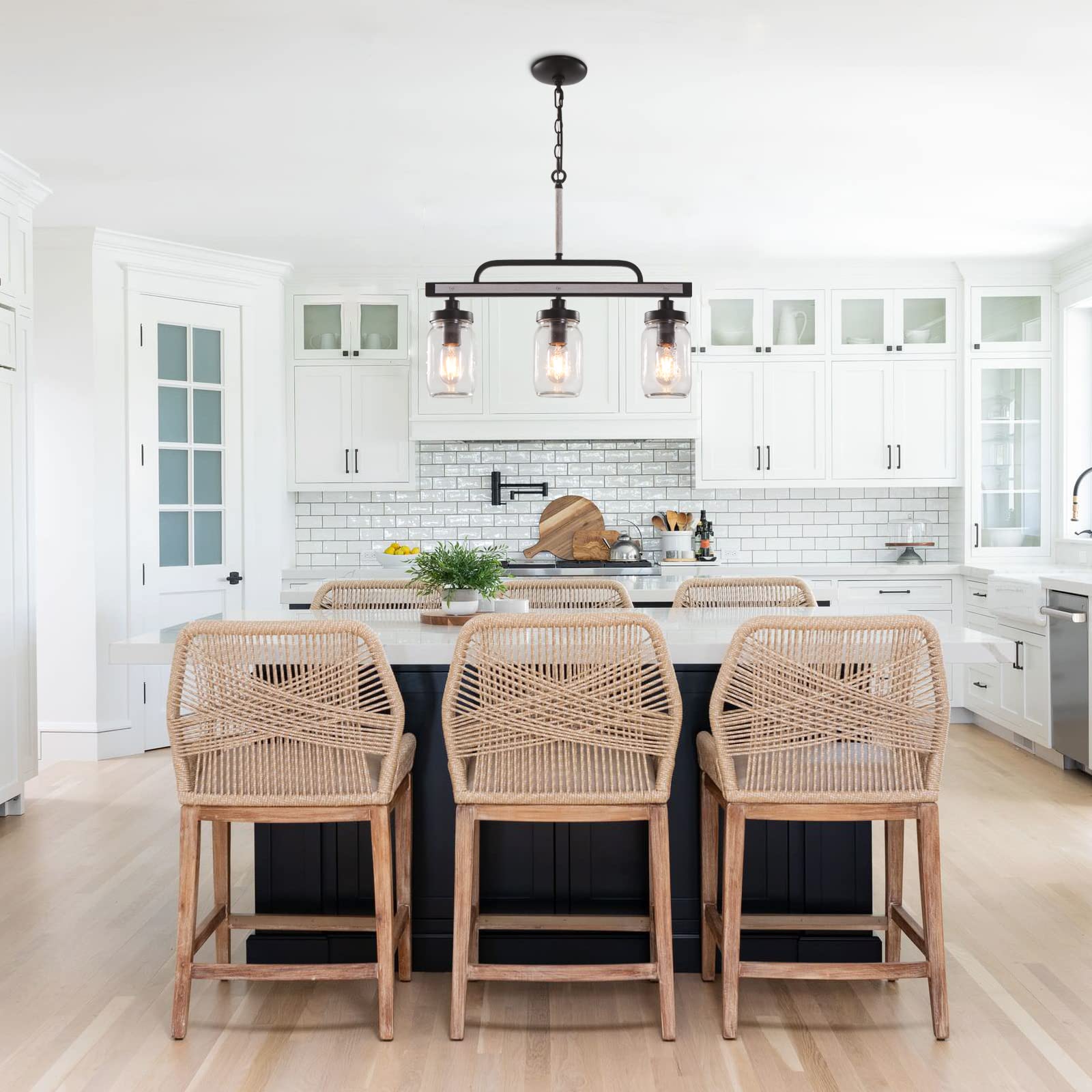 Farmhouse Kitchen Island Lighting - 3-Light Mason Jar Chandelier with Glass Shades, Rustic Pendant Light for Dining Room & Kitchen | Perfect for Farmhouse Decor, Country Style Kitchens & Cozy Dining Areas