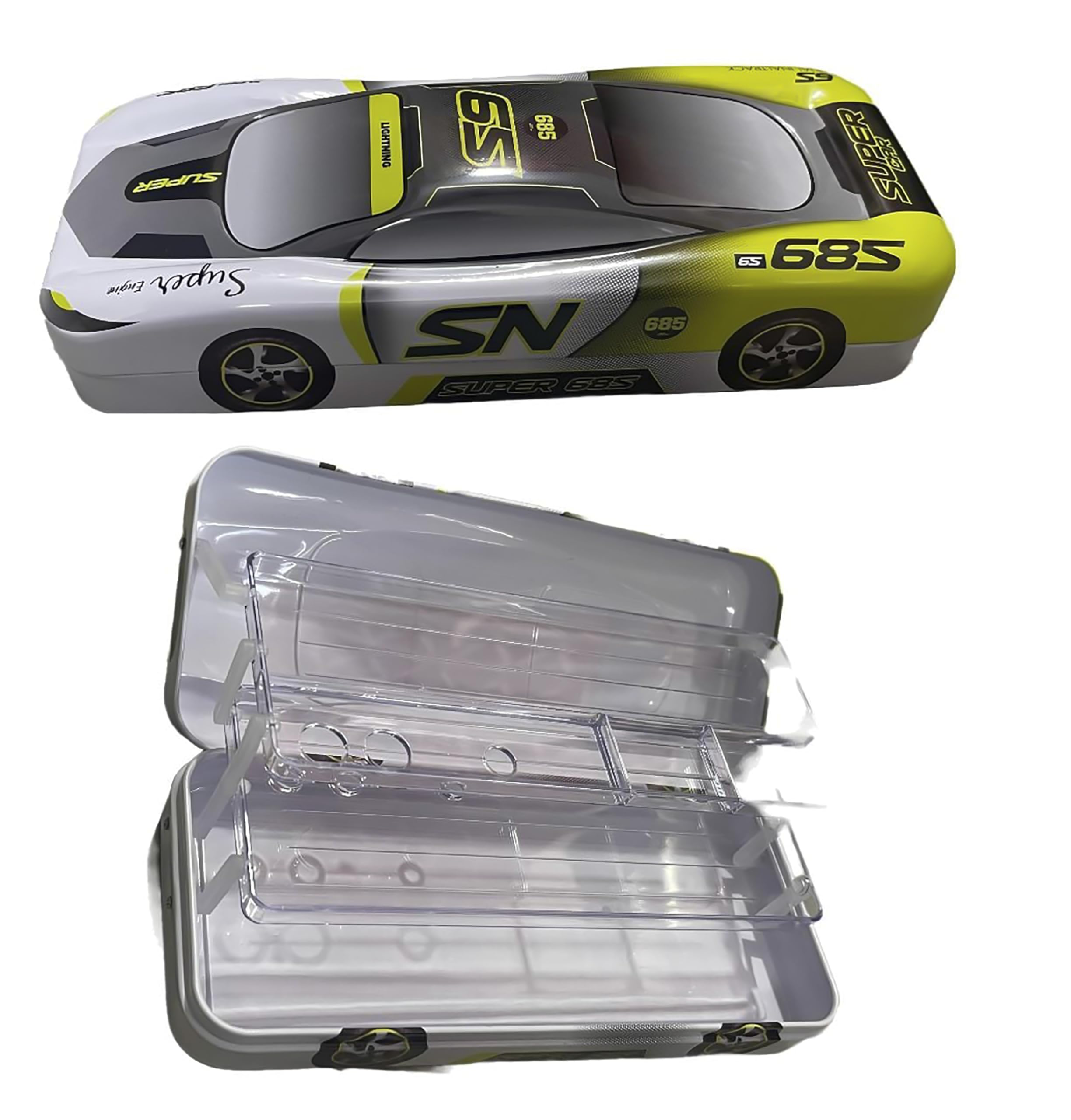 2 in 1 Metal Pen Pencil Box with Stationery Organizer - Car Design School Supplies for Boys & Girls (Grey, Yellow+White) | Multiple Compartment Storage for Kids' Backpacks, Desks & Birthday Gifts