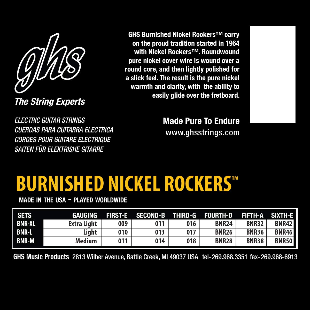 GHS Strings BNR-L Burnished Nickel Rockers Electric Guitar Strings, 10-46 Light Gauge, Pure Nickel Wound for Warm Tone – Perfect for Rock, Blues, and Studio Recording