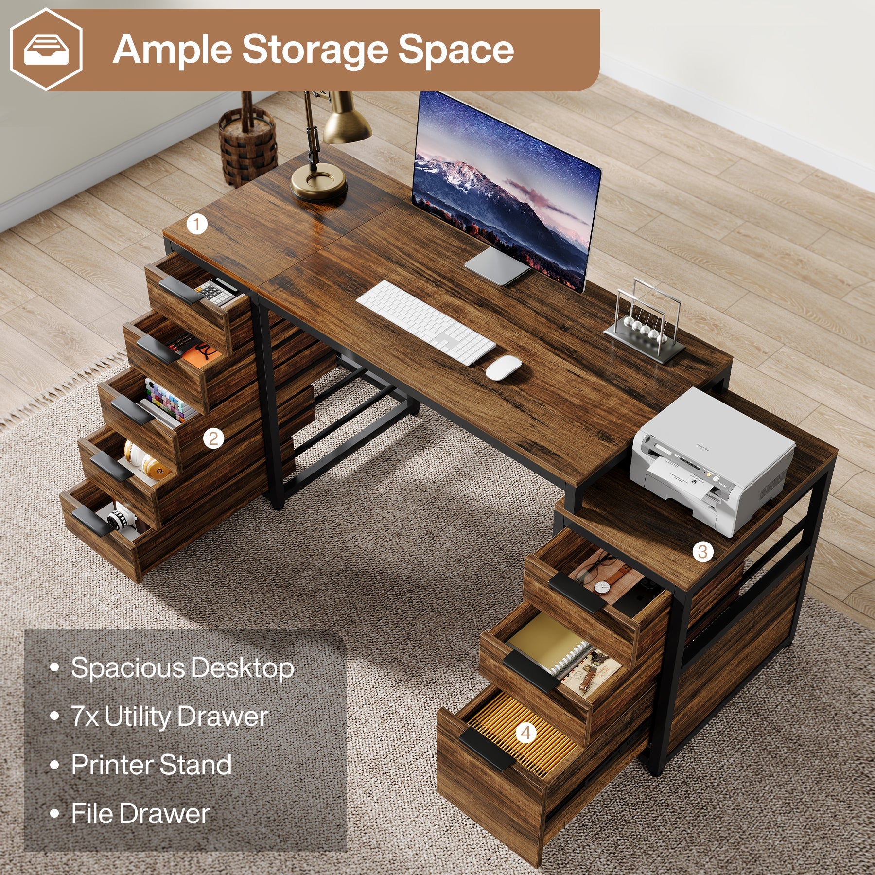 63 Inch Computer Desk with File Cabinet & Storage Drawers - Home Office Writing Study Table for Work, Gaming & Remote Learning