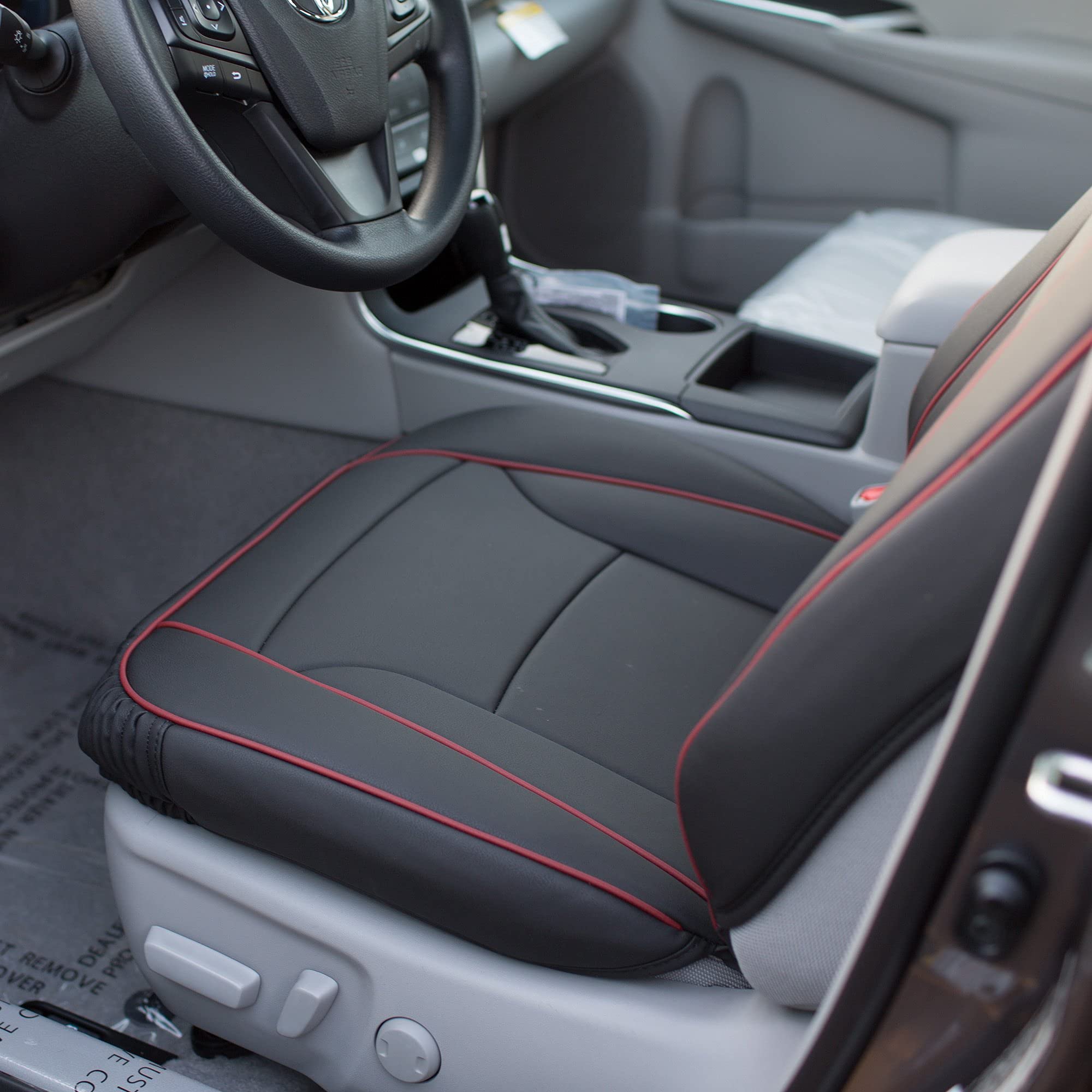 TLH Ultra Comfort Leatherette Seat Cushions Full Set - Universal Fit for Cars, Trucks & SUVs | Black & Red Faux Leather Waterproof Car Seat Covers | Seat Protector for Driving Comfort & Long Trips