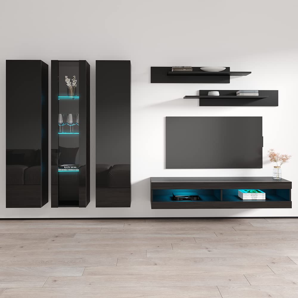 Modern Wall-Mounted TV Stand with Storage Shelves & LED Lights - 34