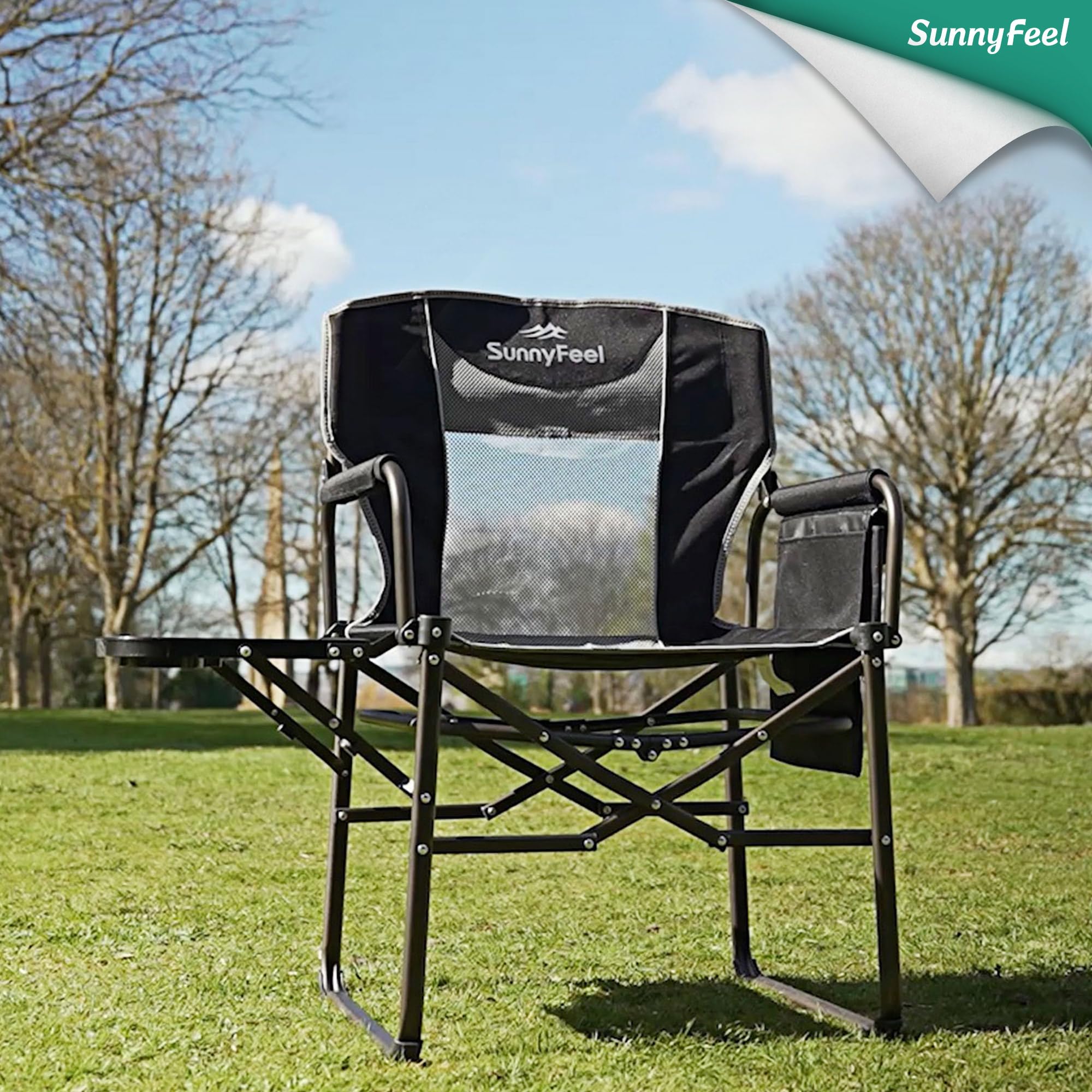 **SUNNYFEEL Heavy Duty Oversized Camping Director's Chair with Side Table & Pocket - Portable Folding Chair for Beach, Fishing, Picnic, Lawn, Concert & Outdoor Adventures**    *Perfect for Relaxing at the Beach, Camping Trips, Backyard BBQs, and Outdoor Events*