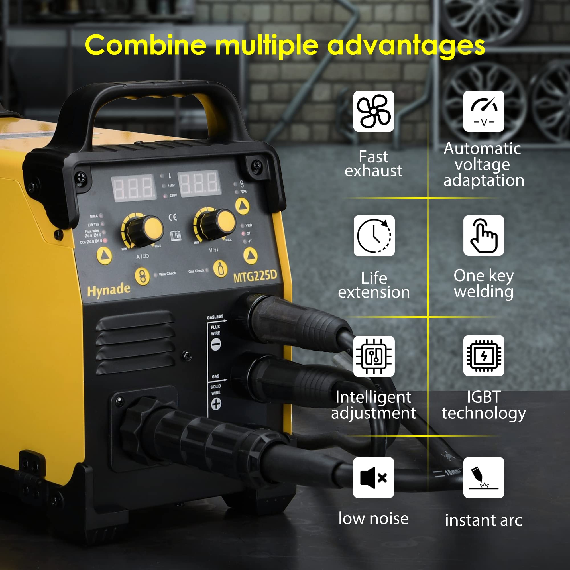 Hynade MTG225D 3-in-1 Multiprocess Welder - MIG/Lift TIG/Stick Welding Machine with 1/5kg MIG Wire, Dual Voltage 110V/220V, Gas/Gasless - Perfect for Home DIY, Auto Repair & Metal Fabrication Projects