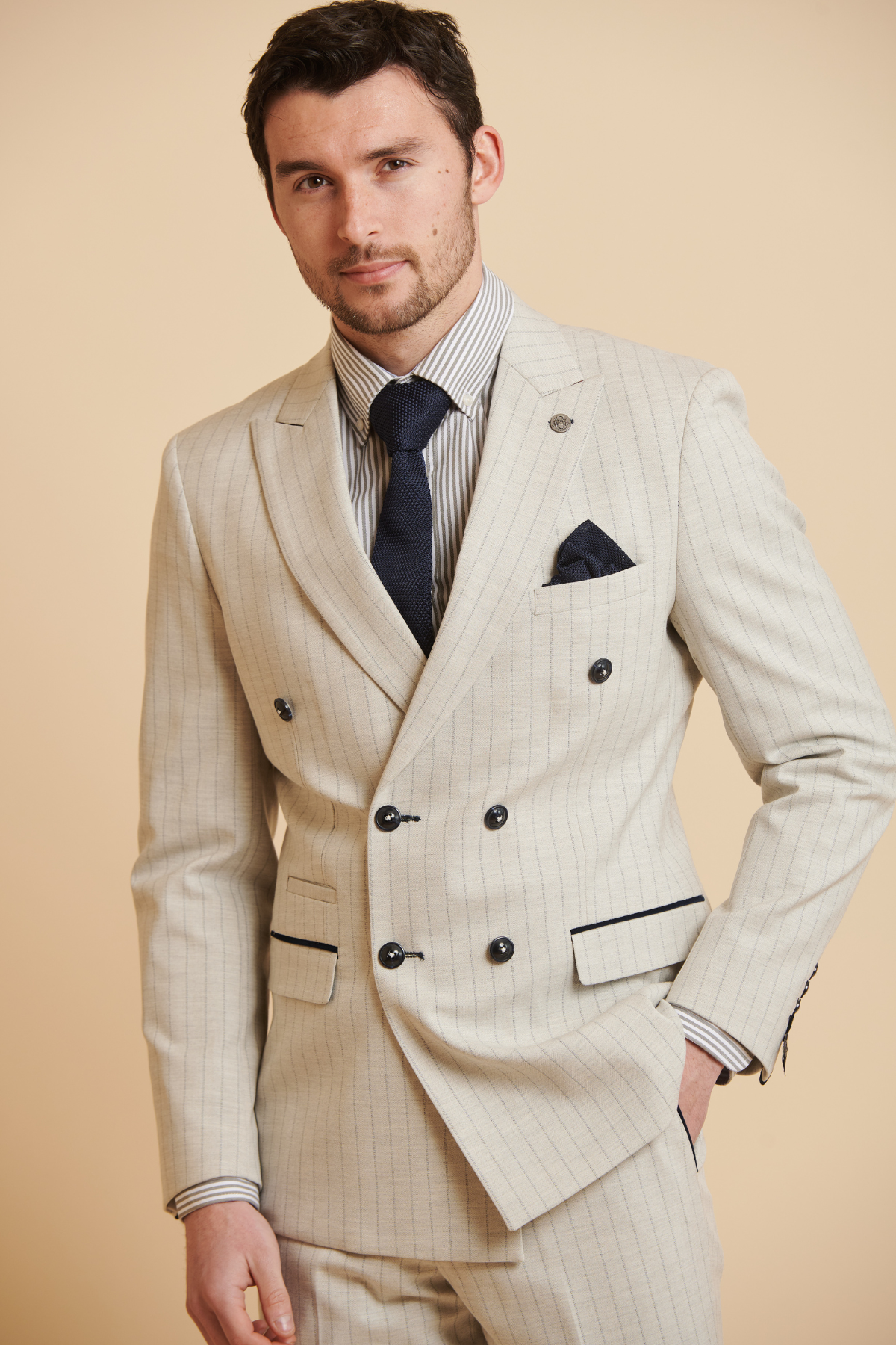 Everton FC Beto Grant Stone Pinstripe Double Breasted Suit for Men | Premium Wool Business Attire | Perfect for Weddings, Office Meetings & Formal Events