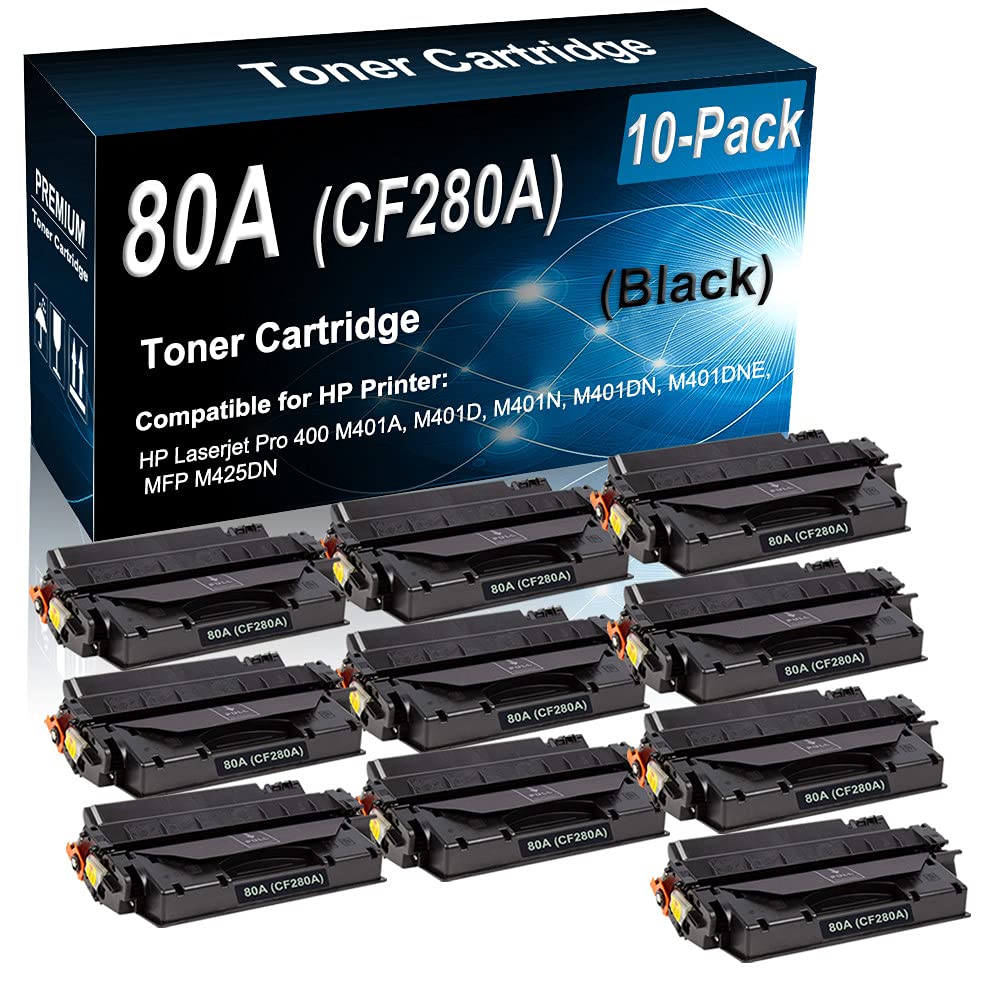 10-Pack Black High-Yield Compatible Toner Cartridge for HP 80A CF280A - Replacement for Pro 400 M401A/M401D/M401N/M401DN/M401DNE & MFP M425DN Printers (2,700 Pages) - Ideal for Office, Home & Small Business Printing Needs