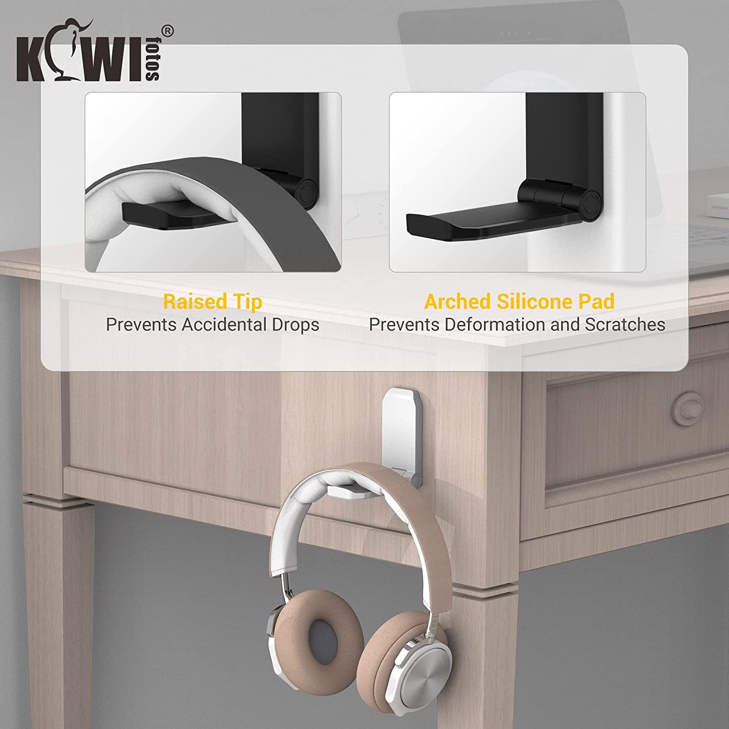 KIWIFOTOS Adhesive Desk Headphone Hanger - Foldable Under Desk Hook Mount for Gaming Headsets & PC Accessories - Wall Mountable Headset Holder Stand (White) - Perfect for Home Office, Gaming Setup & Workspace Organization