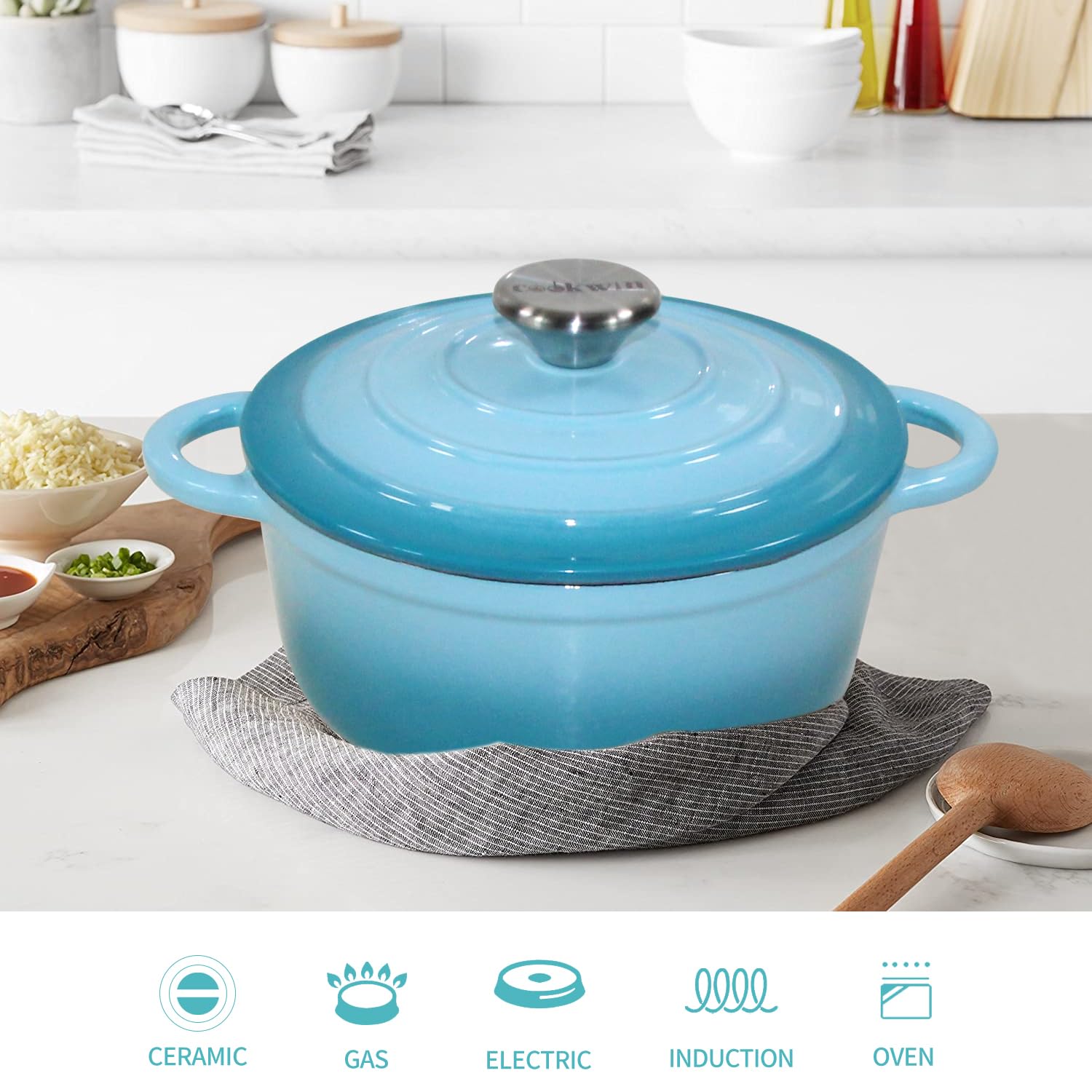 Enameled Cast Iron Dutch Oven 2.1 QT with Lid - Teal Colored Dual Handle Pot for Baking Bread, Braising, Roasting & Slow Cooking | Perfect for Camping, Family Dinners & Gift Giving