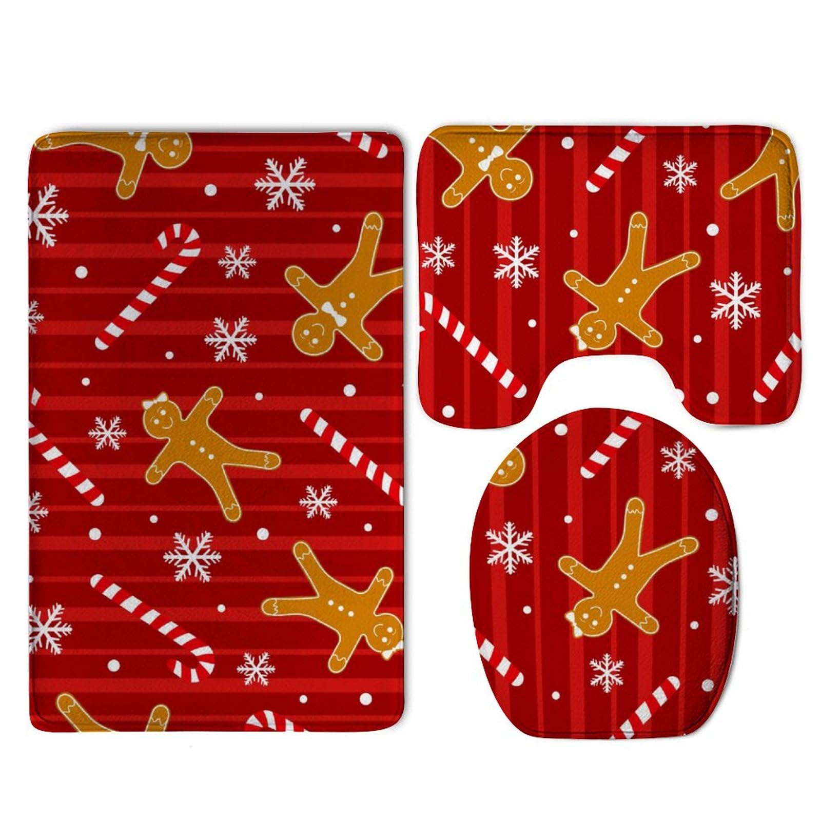 Christmas Red Gingerbread Cookies Candy Canes Bathroom Rug Set - 3 Piece Non-Slip Bath Mats for Bathroom, Bedroom & Kitchen - Holiday Decor Bath Rugs for Festive Home Decor