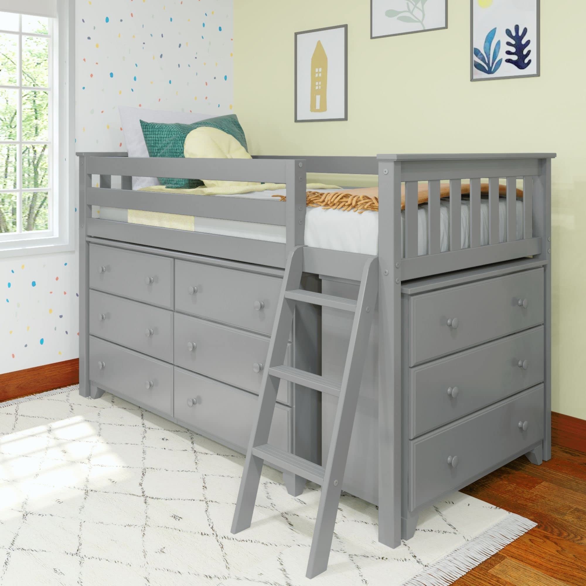 Max & Lily Low Loft Twin Bed Frame for Kids with 3-Drawer & 6-Drawer Storage Dressers, Grey - Space-Saving Kids Bedroom Furniture for Small Rooms & Dorm Organization