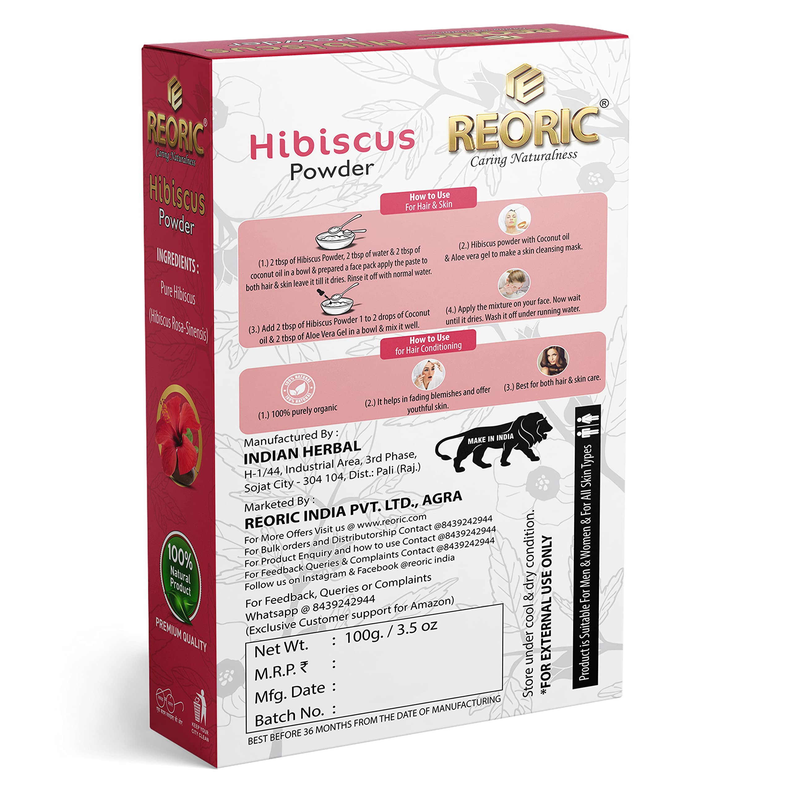 Reoric Ayurvedic Hair Care Powder Pack - 600g (Pack of 6) | Amla, Hibiscus, Shikakai, Bhringraj, Methi & Henna Powder | Natural Hair Growth Treatment for Stronger, Healthier Hair | Perfect for DIY Hair Masks & Scalp Treatments