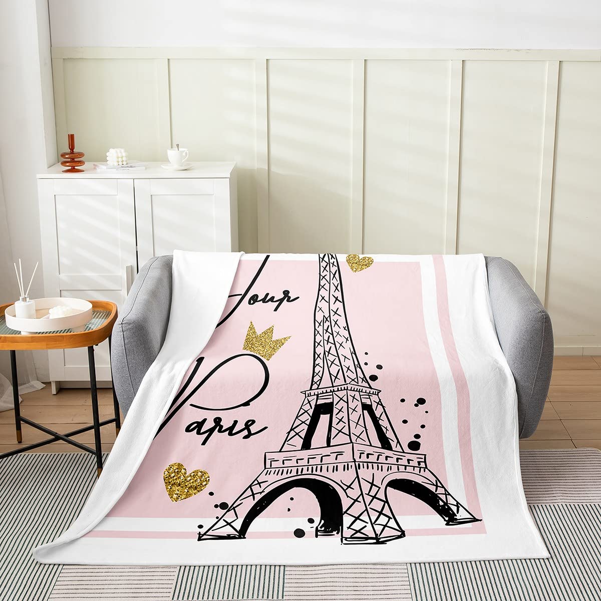 Eiffel Tower All-Season Fleece Throw Blanket - Pink Paris Cityscape Plush Blanket for Kids, Boys & Girls - Soft Microfiber Flannel Blanket 90