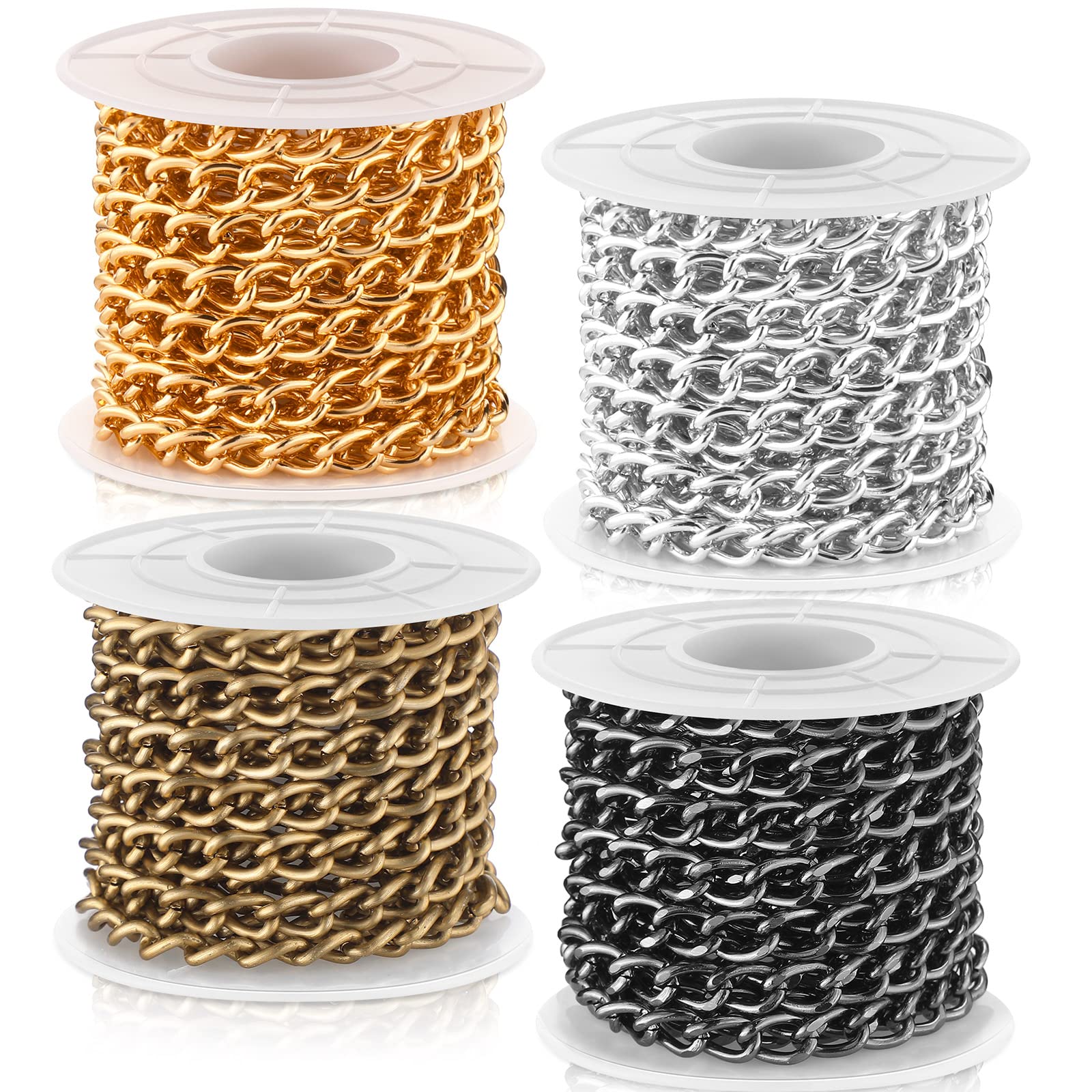 Jadive 4 Rolls 39.4 Feet Aluminum Curb Chain Jewelry Making Supplies - Gold, Silver, Bronze, Gun Black for Bracelets, Necklaces & DIY Jewelry Crafting (Perfect for Beading, Pendants & Handmade Accessories)