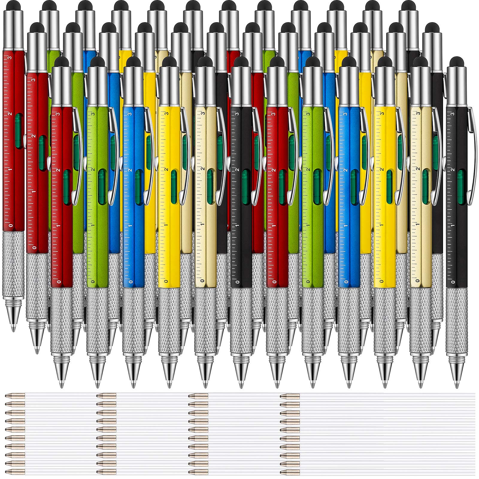 Zonon 36-Piece 6-in-1 Multitool Tech Pen Set with Ruler, Level Gauge & Screwdriver - Multifunctional Touch Screen Ballpoint Pens with Black Ink Refills (Assorted Colors) - Perfect for Office, School, DIY Projects & Birthday Gifts