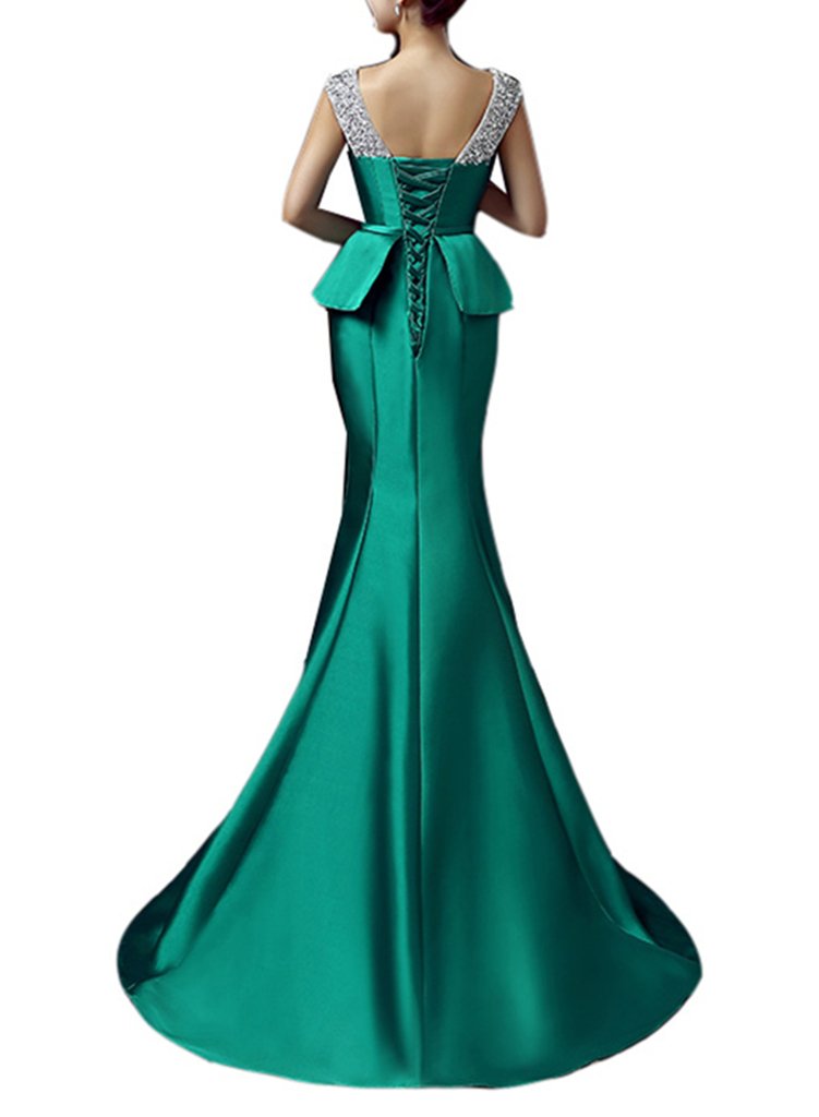 Emanni Women's Long Train Beaded Formal Evening Gown with Double Shoulder Strap - Hunter Green - Perfect for Prom, Gala, Wedding and Special Occasions