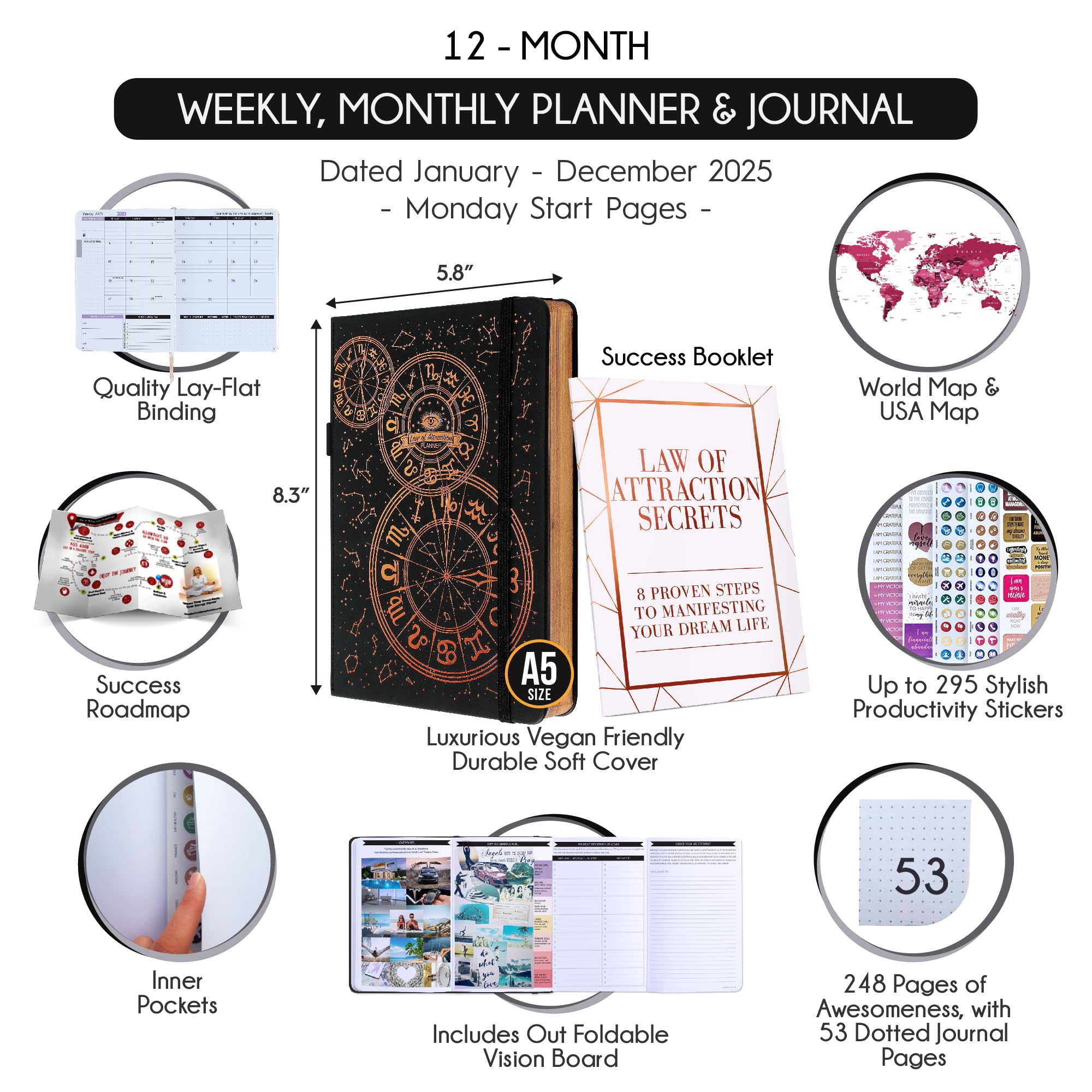 Law of Attraction Planner 2025 - Hourly Weekly Monthly Goal Setting Organizer | 12-Month Productivity Journal with Gratitude Tracker, Foldable Vision Board & Stickers | Perfect for Manifestation, Self-Improvement & Daily Planning