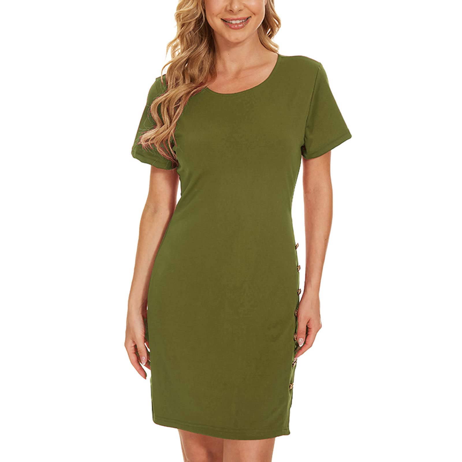 Twoker Women's Summer Casual Short Sleeve Round Neck Button Down Skater Dress - Perfect for Beach Outings, Picnics and Summer Vacations