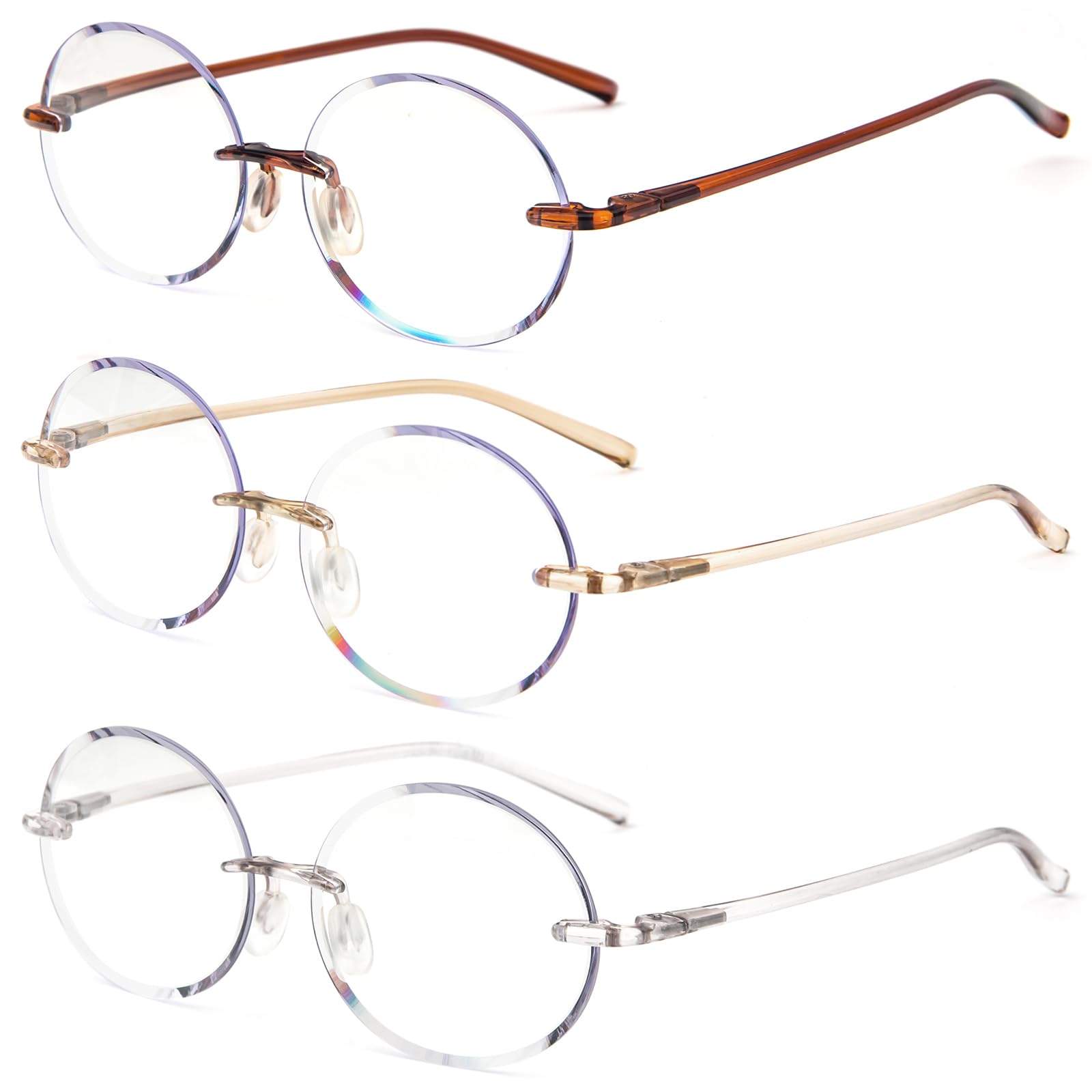 KoKoBin 3 Pack Rimless Round Reading Glasses - Blue Light Blocking Computer Glasses for Men & Women - Anti-Eye Strain for Office Work, Gaming & Screen Time