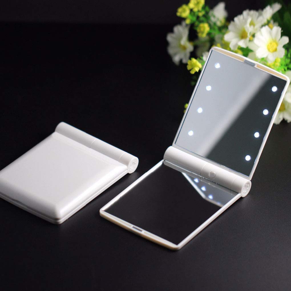 LED Compact Mirror with 8 Lights - Portable Folding Makeup Mirror for Women, Travel Vanity Mirror with Adjustable Brightness, Perfect Gift & Purse Essential for Home, Office & On-the-Go Touchups