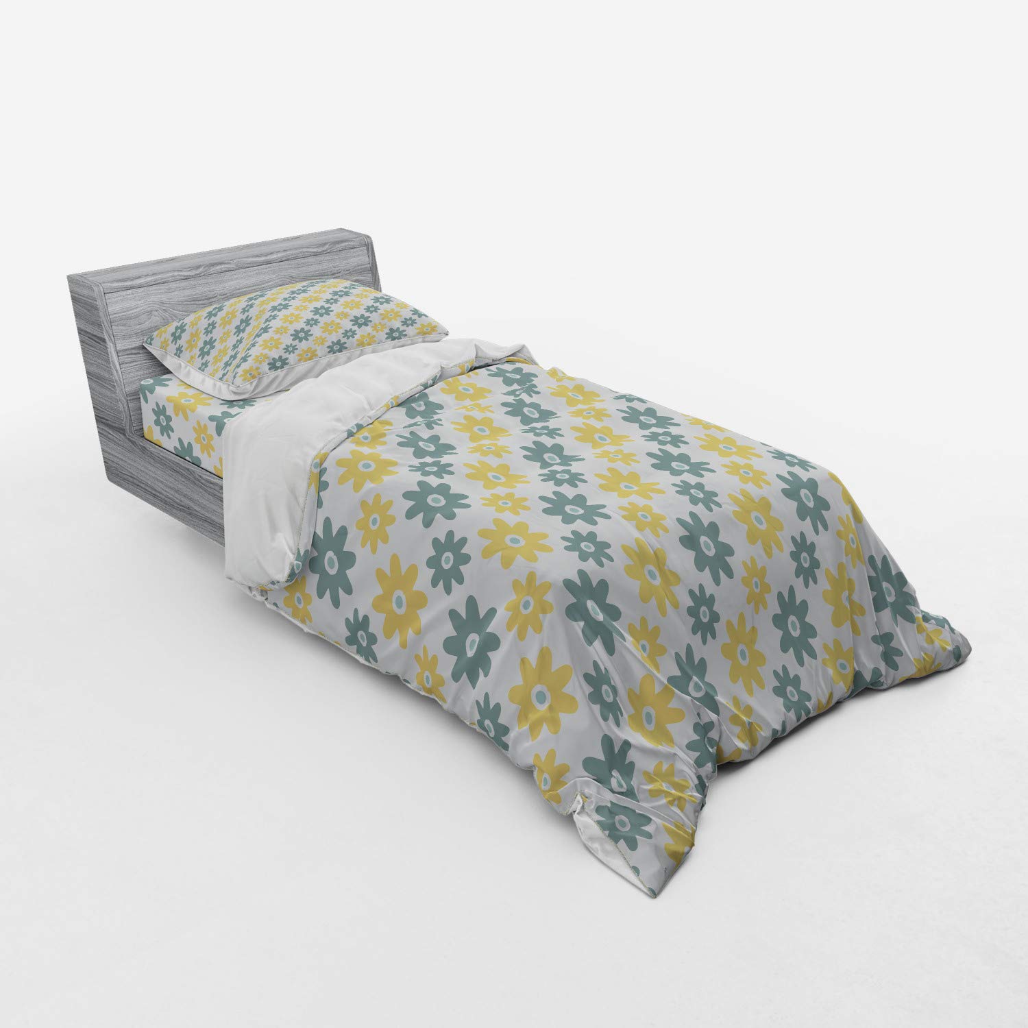 Ambesonne Garden Duvet Cover Set - Vibrant Wildflowers & Daisies Retro Design, 3-Piece Bedding Set with Sham & Fitted Sheet, Twin Size in Almond Green Apricot Mustard | Perfect for Spring Bedroom Decor, Guest Room Refresh & Bohemian Home Styling