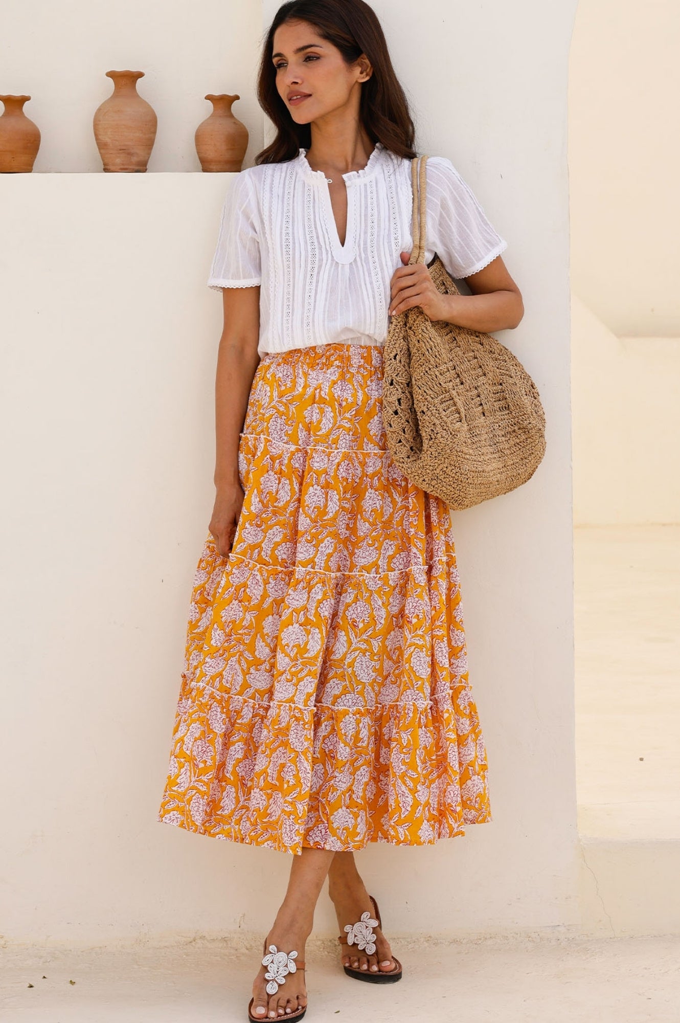 One Size Floral Print Skirt - Dianthus Yellow & White | Women's Summer Skirt for Beach, Vacation & Casual Outfits
