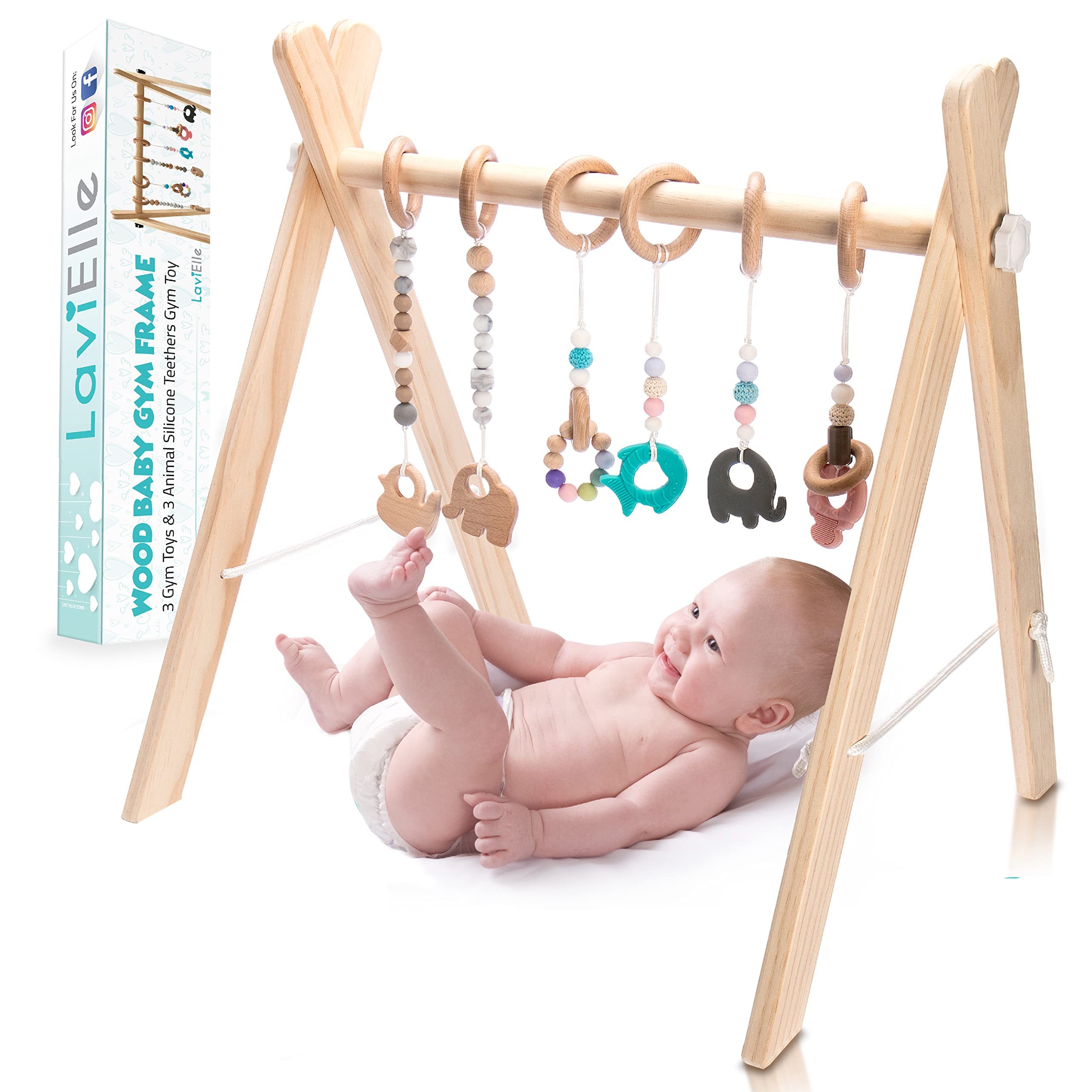 LAVIELLE Foldable Wooden Baby Gym with 6 Hanging Toys - Natural Pine Wood Activity Center for Newborns & Infants (Grey) | Perfect Baby Shower Gift for Boys & Girls | Encourages Tummy Time & Early Development