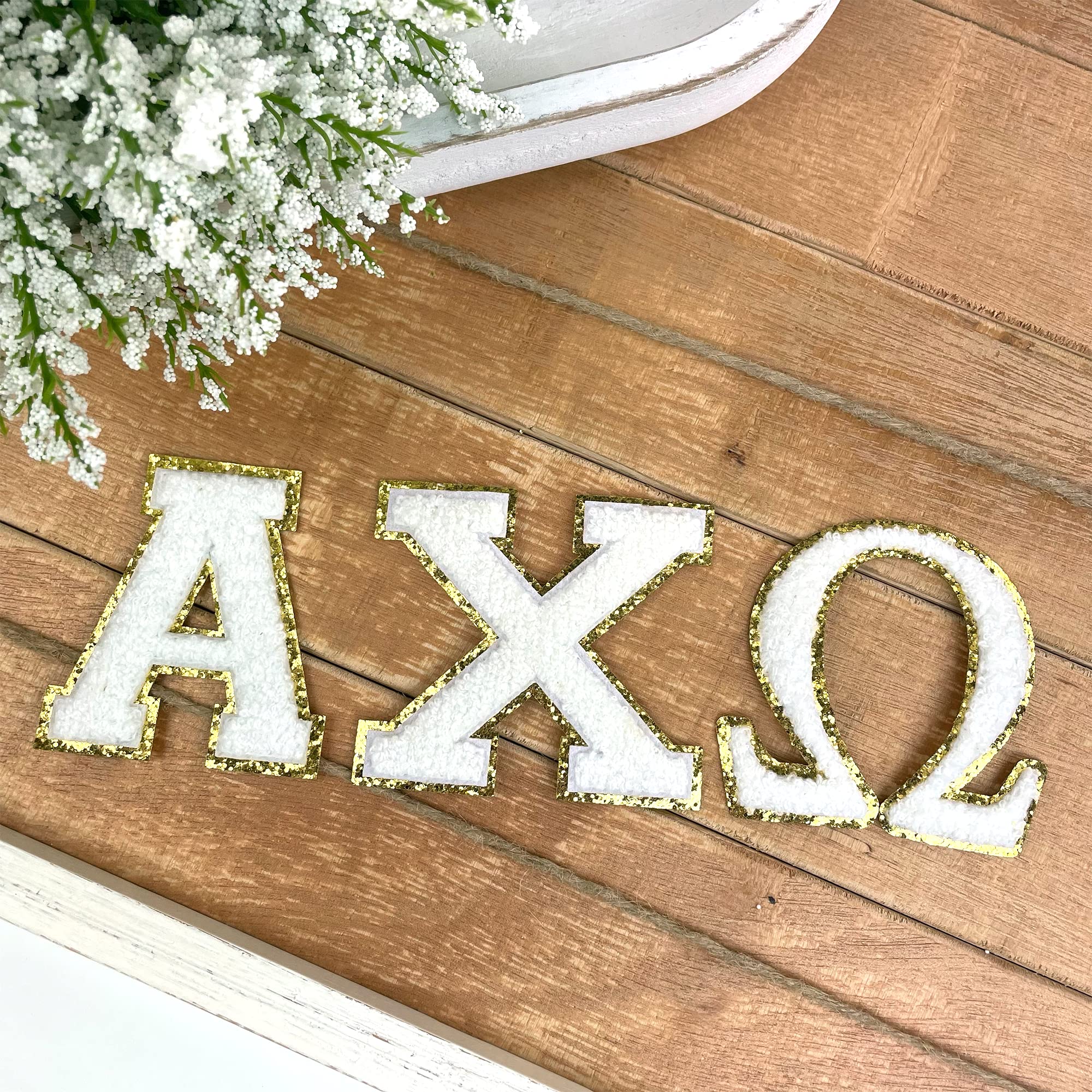 Alpha Chi Omega Greek Letter Iron-On Chenille Patches Set - Perfect for Sorority Jackets, Bags & DIY Crafts