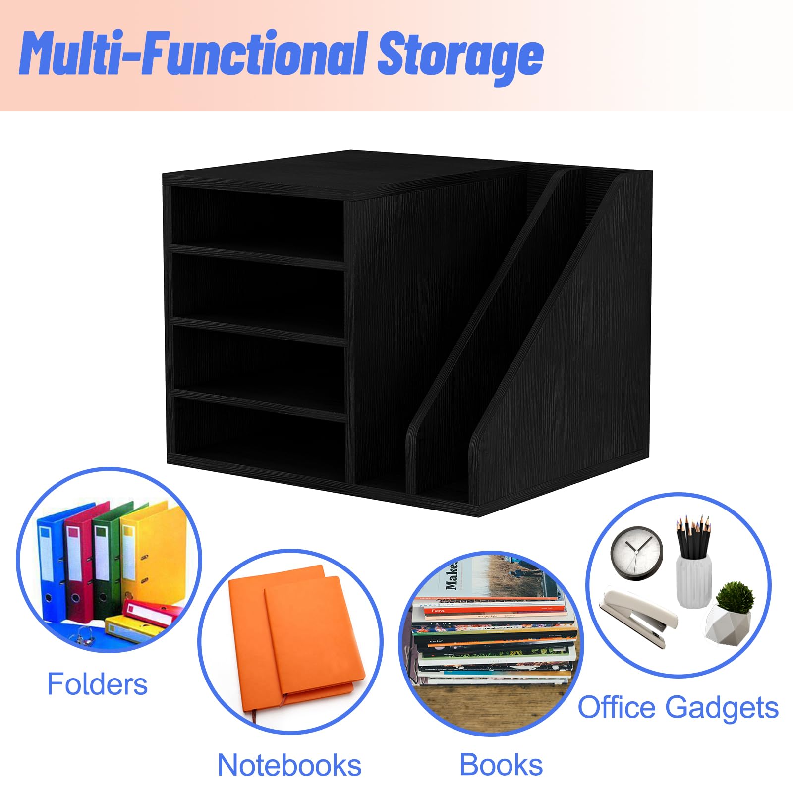 Wooden File Holder with Adjustable Compartments - Desktop Mail & Paper Organizer for Home Office School - Black Envelope Sorter & Document Organizer - Perfect for Bills, Letters, Office Supplies & Mail Sorting