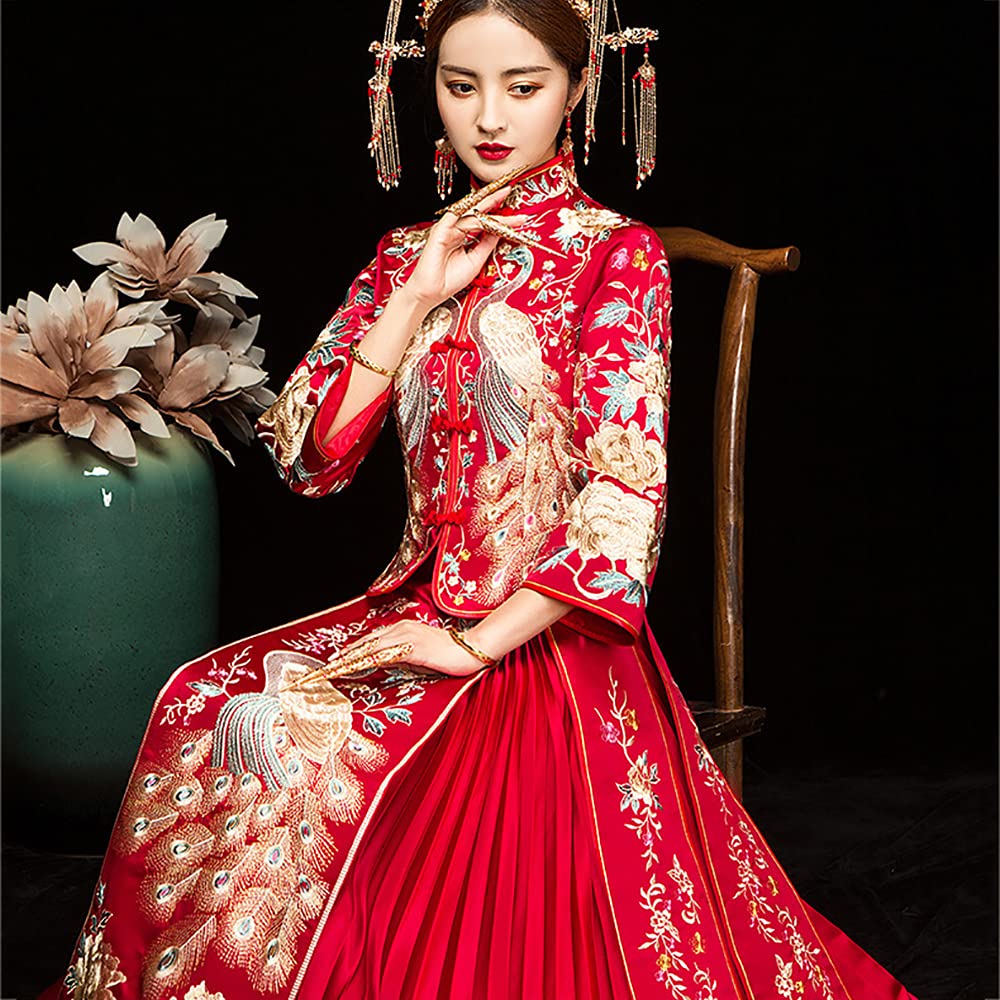 Vintage Peacock Cheongsam Wedding Dress - Traditional Chinese Bridal Gown with Fringed Cuffs & Stand Collar Design | Perfect for Wedding Ceremonies, Cultural Events & Asian-Themed Parties