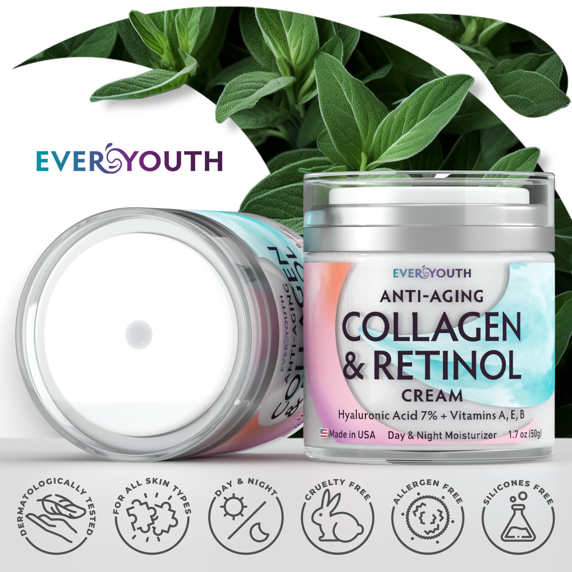 Premium Anti-Aging Collagen Face Cream with Hyaluronic Acid, Vitamin A & E - Firming & Wrinkle Reduction Moisturizer for Women - Made in USA - 1.7oz - Perfect for Daily Skincare Routine & Nighttime Hydration