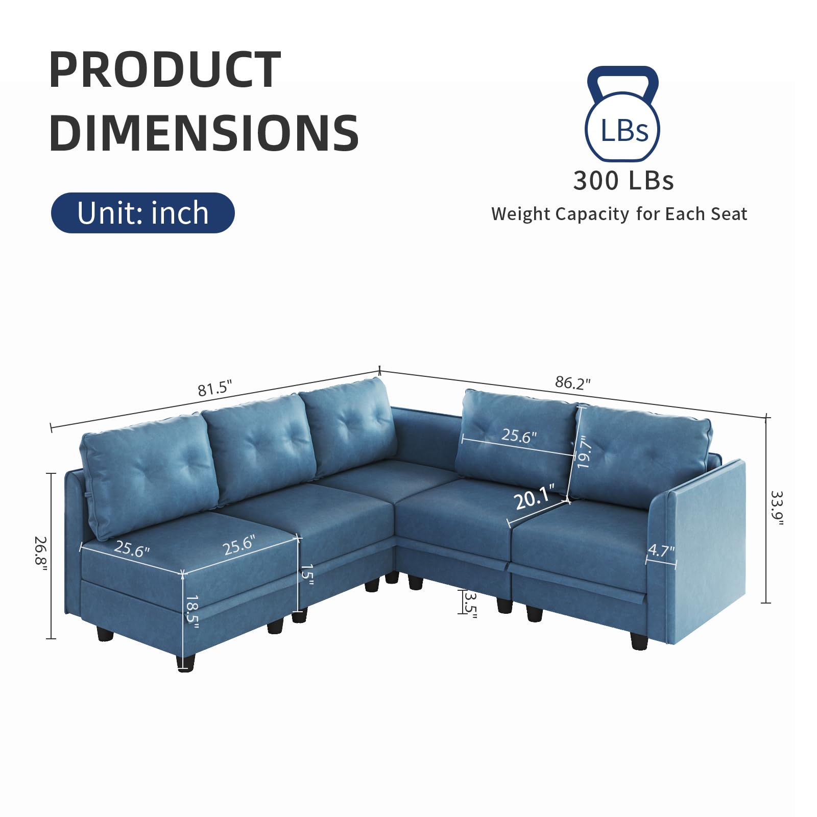 LLappuil Modular Sectional Sofa - Convertible L-Shaped Couch with Storage Chaise, 5-Seater Faux Leather Living Room Sofa in Navy Blue | Perfect for Small Spaces, Apartments & Family Gatherings