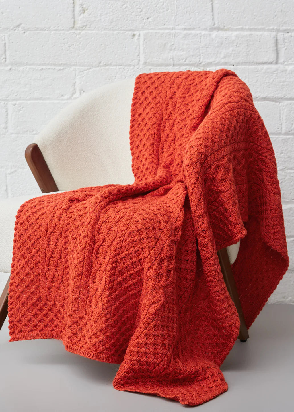 Premium Ireland's Eye Aran Merino Wool Throw Blanket - Soft & Warm Orange Marl Knit - Cozy for Living Room, Bedroom & Winter Nights