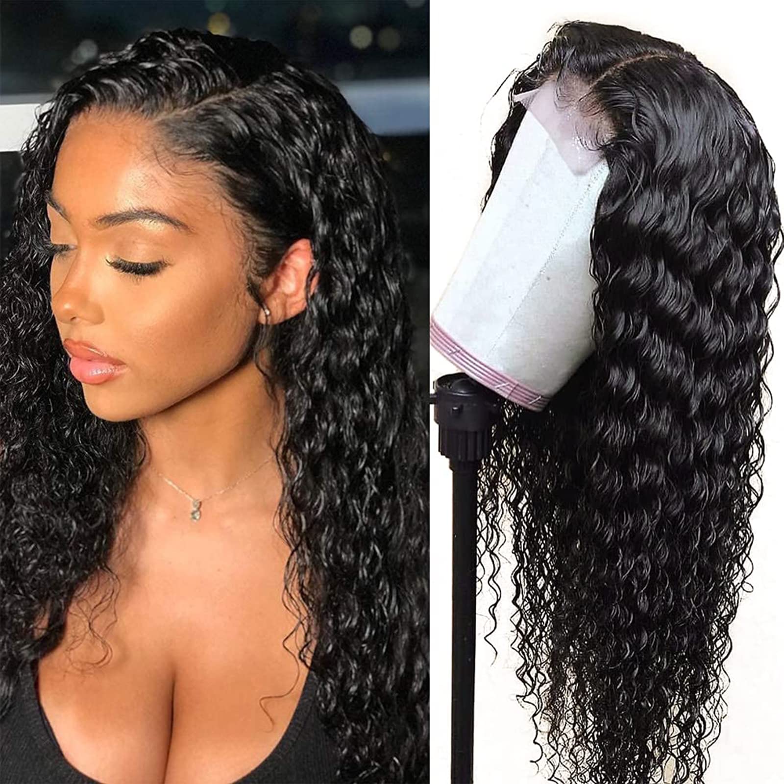 West Kiss 180% Density Deep Wave Lace Front Human Hair Wigs - 4x4 Lace Closure with Baby Hair, Pre-Plucked Natural Black Women's Wig (22 Inch) | Perfect for Daily Wear, Cosplay & Special Occasions