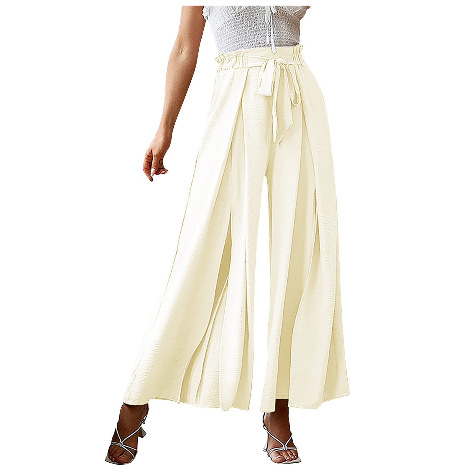 RIJJTRP Women's High Waist Pleated Wide Leg Pants - Solid Color Bow Loose Work Pants with Belt for Office, Business Casual & Professional Outfits
