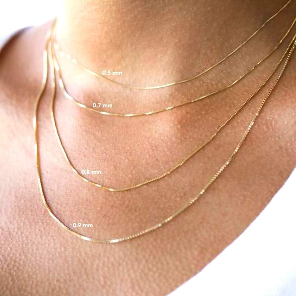 10K Solid Gold Mirror Box Chain Necklace - 0.6mm Thin Durable Jewelry for Women - Perfect for Everyday Wear, Gifts & Special Occasions