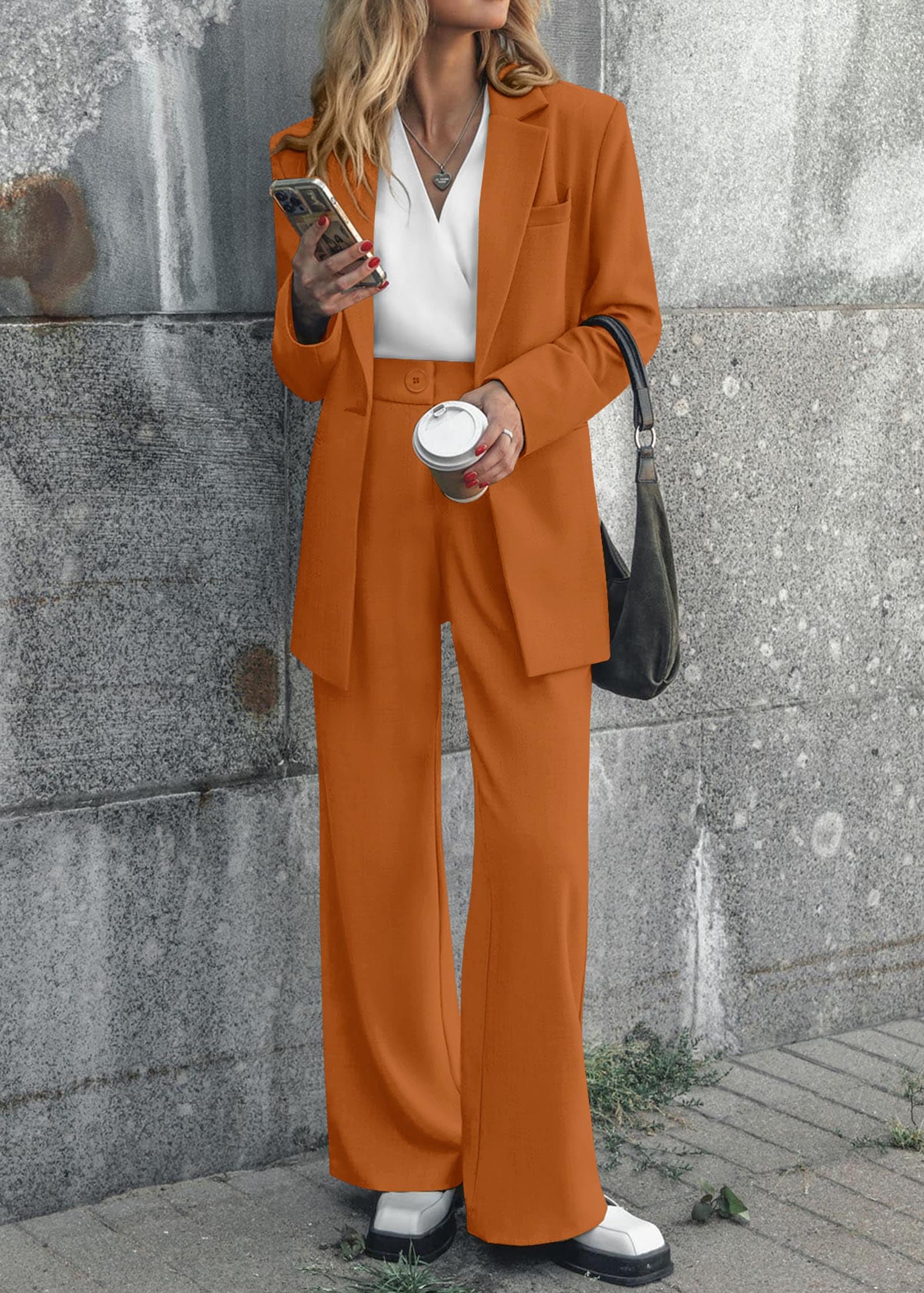 KIRUNDO Women's 2025 Spring Fall 2 Piece Blazer Pant Suit Set - Casual Loose Fit Long Blazer Jacket with Pockets & Dressy Wide Leg Pants for Office, Business Meetings and Formal Occasions
