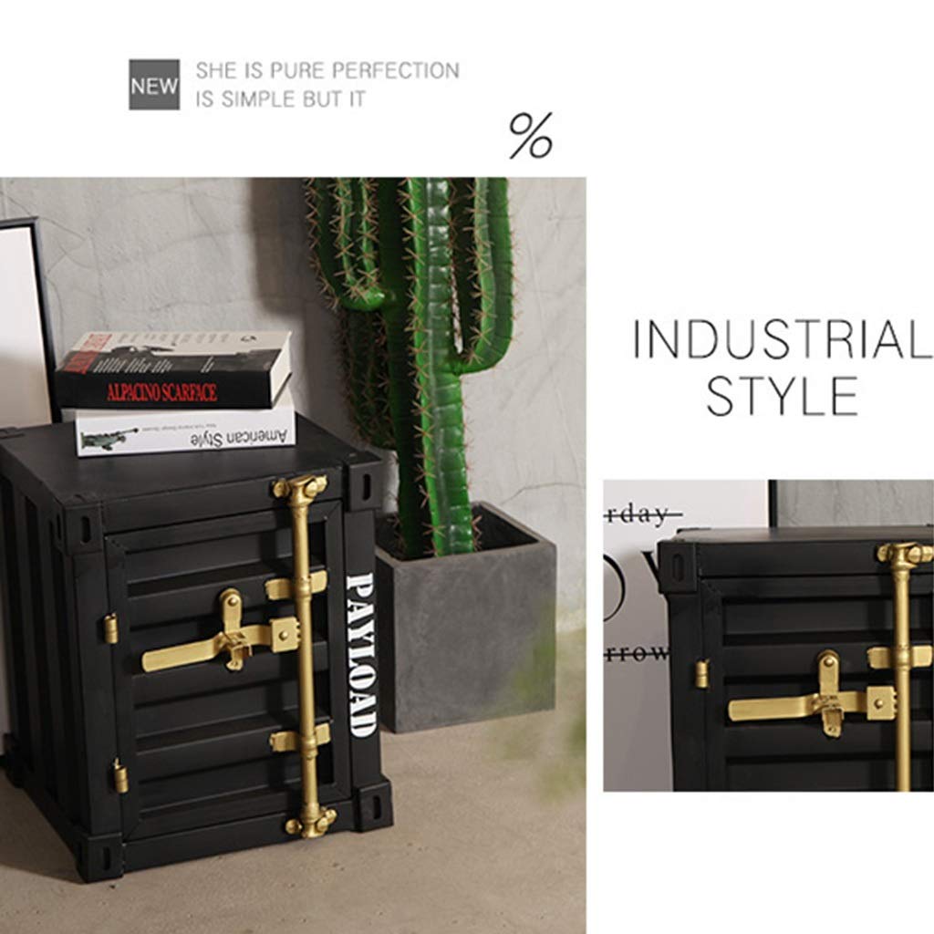 Industrial Style End Table with Storage & Lock - 40x38x48cm Black Gold Wrought Iron Coffee/Side/Bedside Table - Perfect for Living Room, Bedroom or Office Use