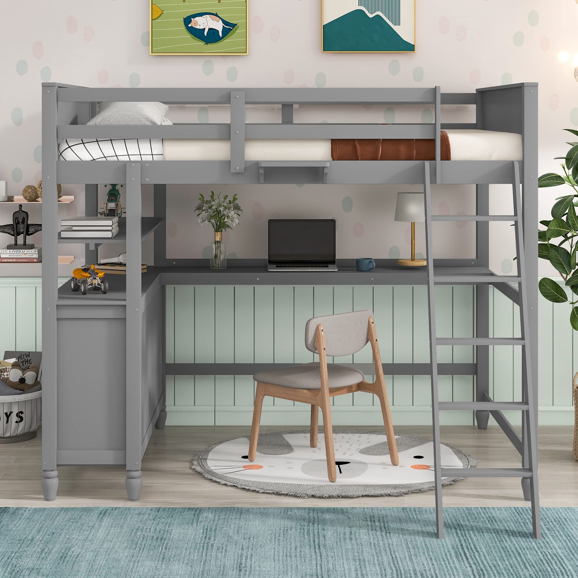 Full Loft Bed with Desk & Storage - Wooden Loft Bed with Drawers & Shelves for Kids, Teens & Adults - Space-Saving Gray Bedroom Furniture for Small Rooms & Dorm Rooms