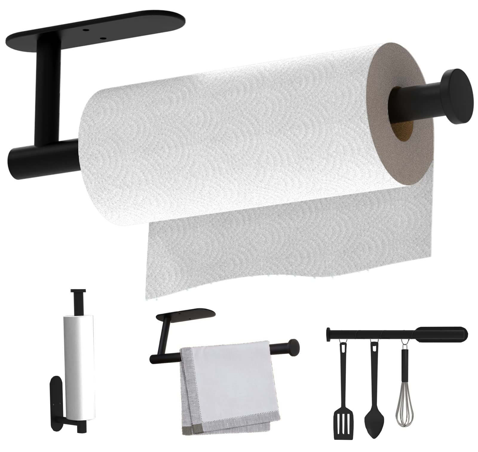 Under Cabinet Paper Towel Holder - Stainless Steel Wall Mount Kitchen Towel Rack with Self-Adhesive, Black (SUS304) - Perfect for Small Kitchens, RVs & Bathrooms