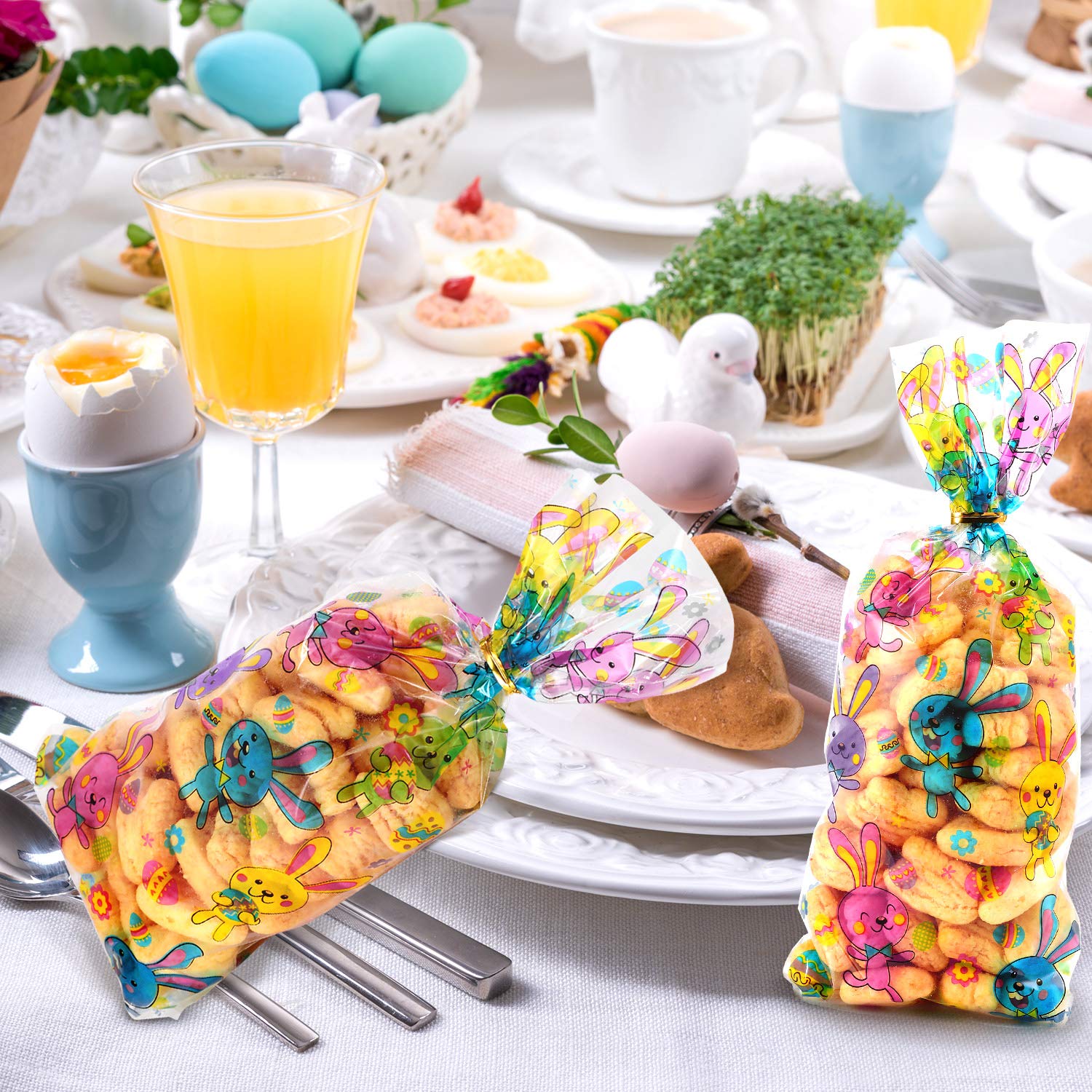 100 Pack Easter Treat Bags - Bunny Candy Cellophane Goodie Bags for Easter Egg Hunt, Party Favors & Gift Giving (Rabbit Design) - Perfect for Classroom Treats, Birthday Parties & Holiday Celebrations