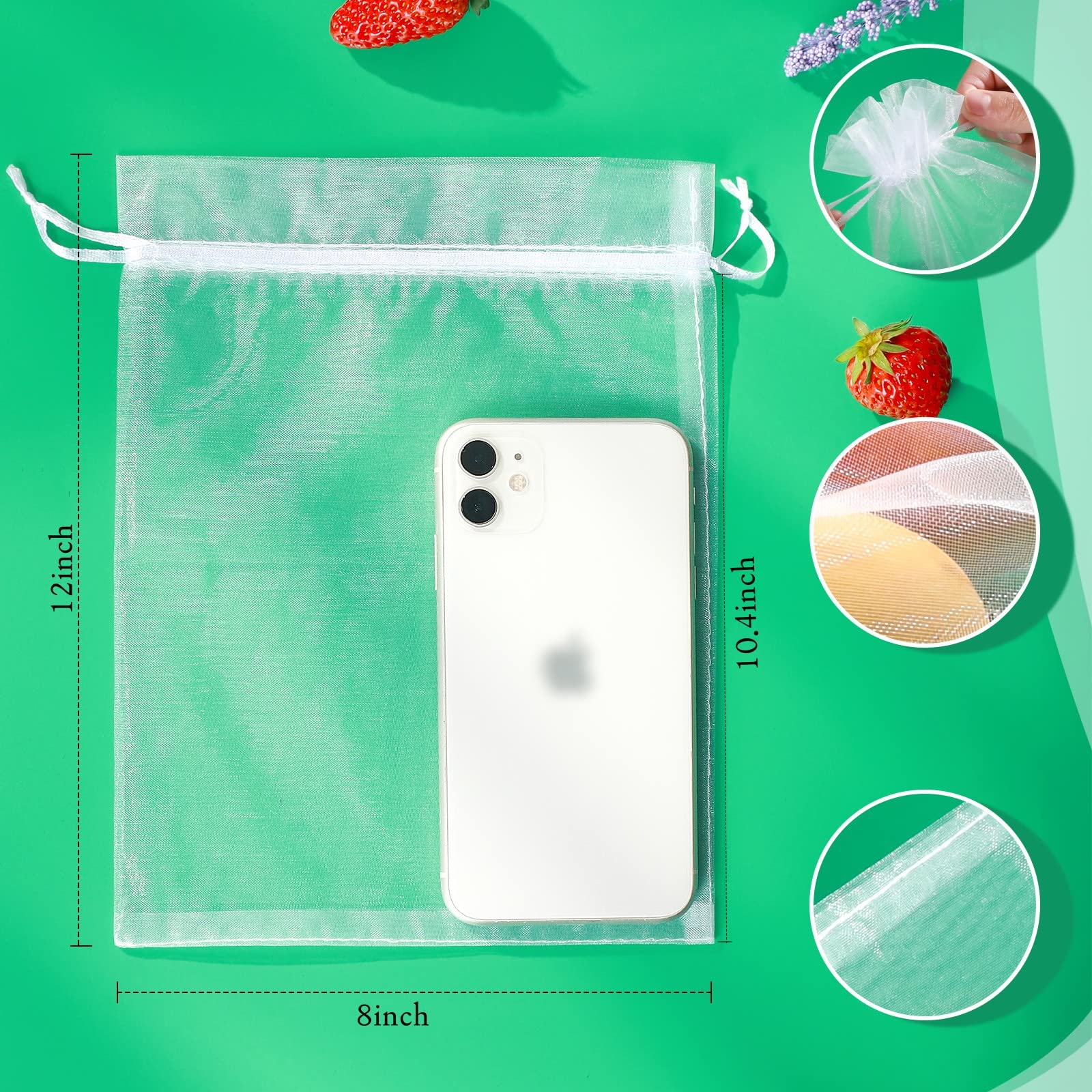 50 Pcs 8x12 Inch White Fruit Protection Bags with Drawstring - Breathable Mesh Netting Bags for Grapes, Mangoes, Apples & Garden Vegetables - Perfect for Organic Farming, Pest Control & Tree Protection