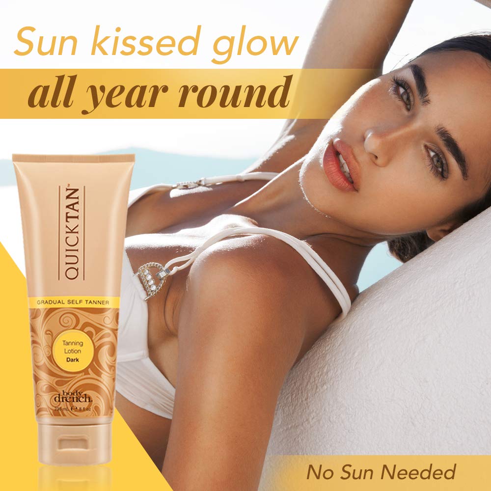 Body Drench Quick Tan Gradual Tanning Lotion - Sunless Self Tanner for Natural Bronze Glow | Mess-Free Application | Dark Shade 8 Fl Oz | Perfect for Beach, Vacation & Everyday Use
